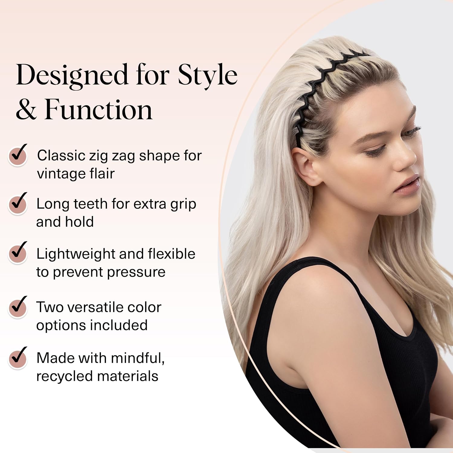 Kitsch Zig Zag Headbands for Women - Black and Tortoise, 2 pcs | Fashion Accessories for Slicked Back Styles | Comfortable Wavy Headbands | Comb Headband with Teeth