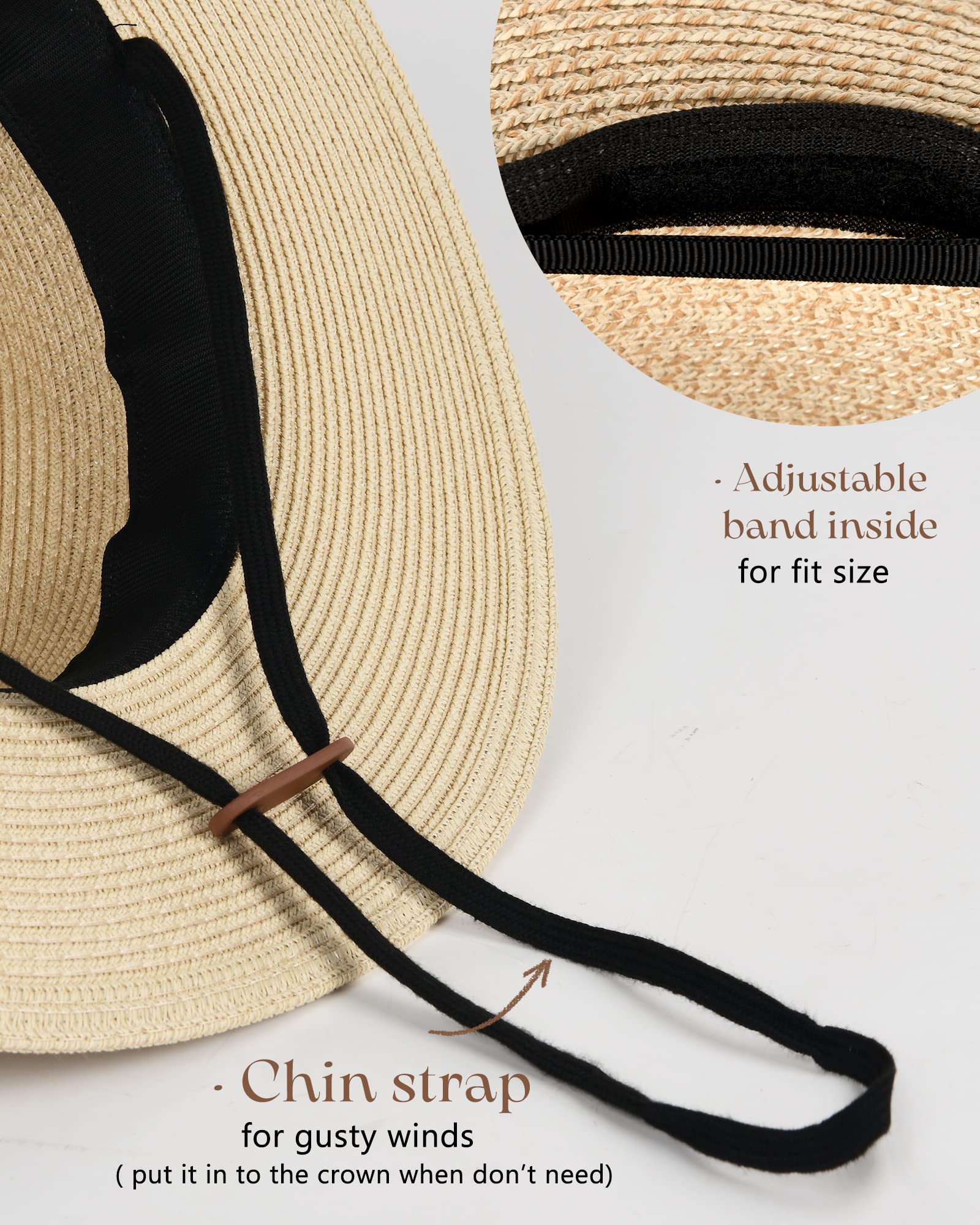 FURTALK Womens Mens Wide Brim Straw Panama Hat Fedora Summer Beach Sun Hat | Breathable Paper Straw, Classic Ribbon Trim, UPF Protection, Adjustable Band Inside, Chin Strap for Gusty Winds
