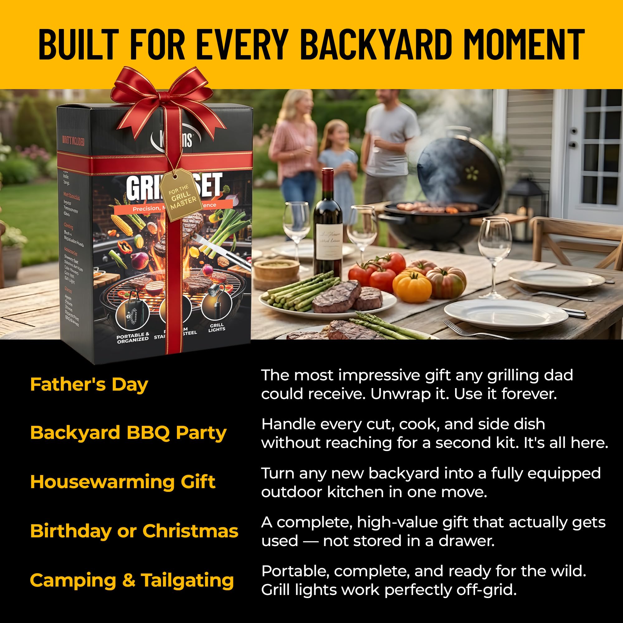 Kaluns Grilling Accessories, Gifts for Men Christmas Grilling Gifts for Dad, Heavy Duty Stainless Steel BBQ Grill Tools Set for Outdoor Grill with Aluminum Case and Apron, Birthday Gifts for Men Dad