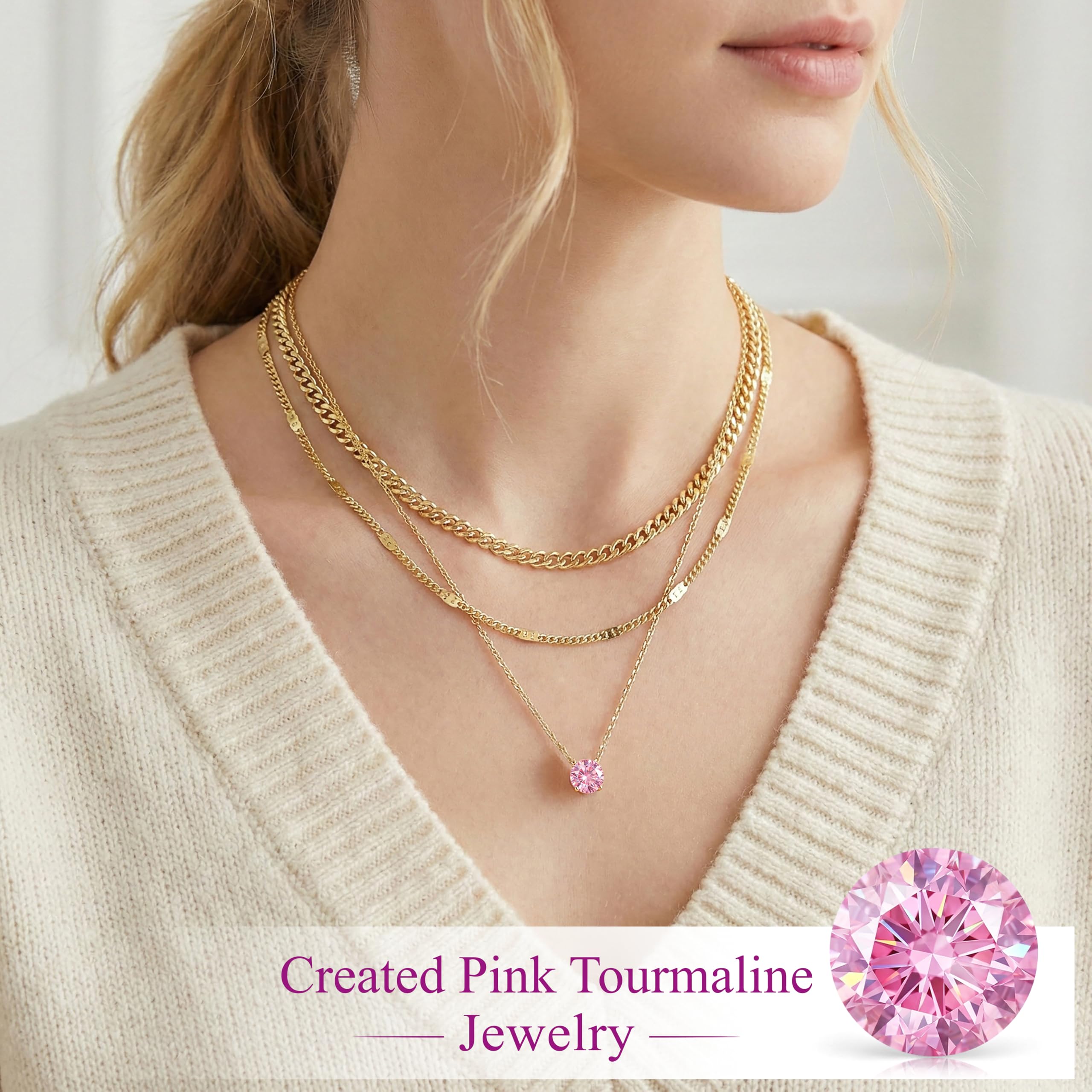 WomenGifts Layered Gold Necklaces for Women, 14K Gold Sterling Silver Plated Dainty Pendant Necklace Set Non Tarnish, Chunky Stackable Cuban Chain Choker, Trendy Birthstone Vacation Jewelry Gift