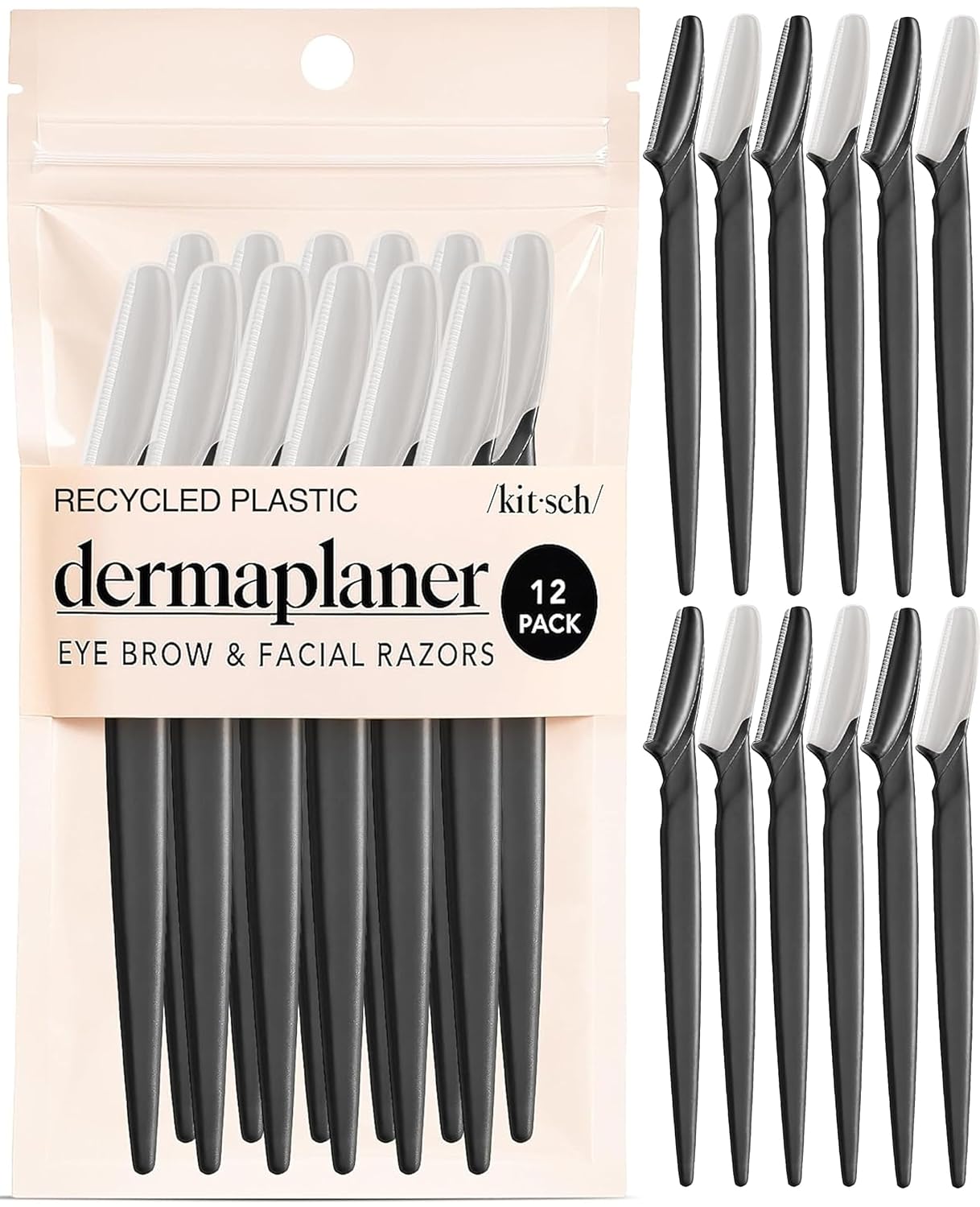 Kitsch Dermaplane Razor for Women Face – Black, 12 pcs | Face Razors for Women & Men, Eyebrow Razor & Face Shaver – Exfoliating Facial Razor & Dermaplaner as Tool for Smoother Skin
