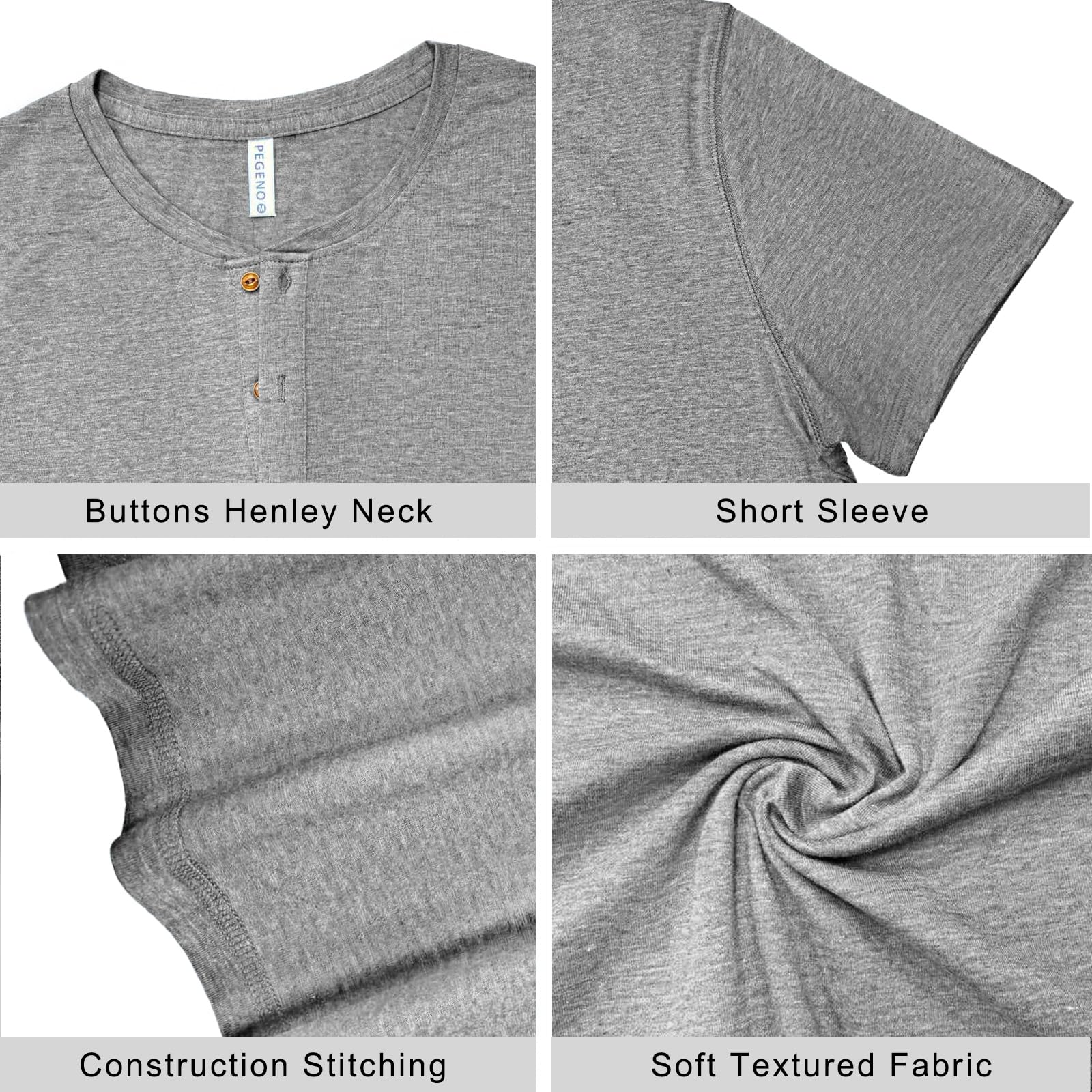 PEGENO Men's Fashion Casual Front Placket Short Sleeve Henley T-Shirts Cotton Shirts