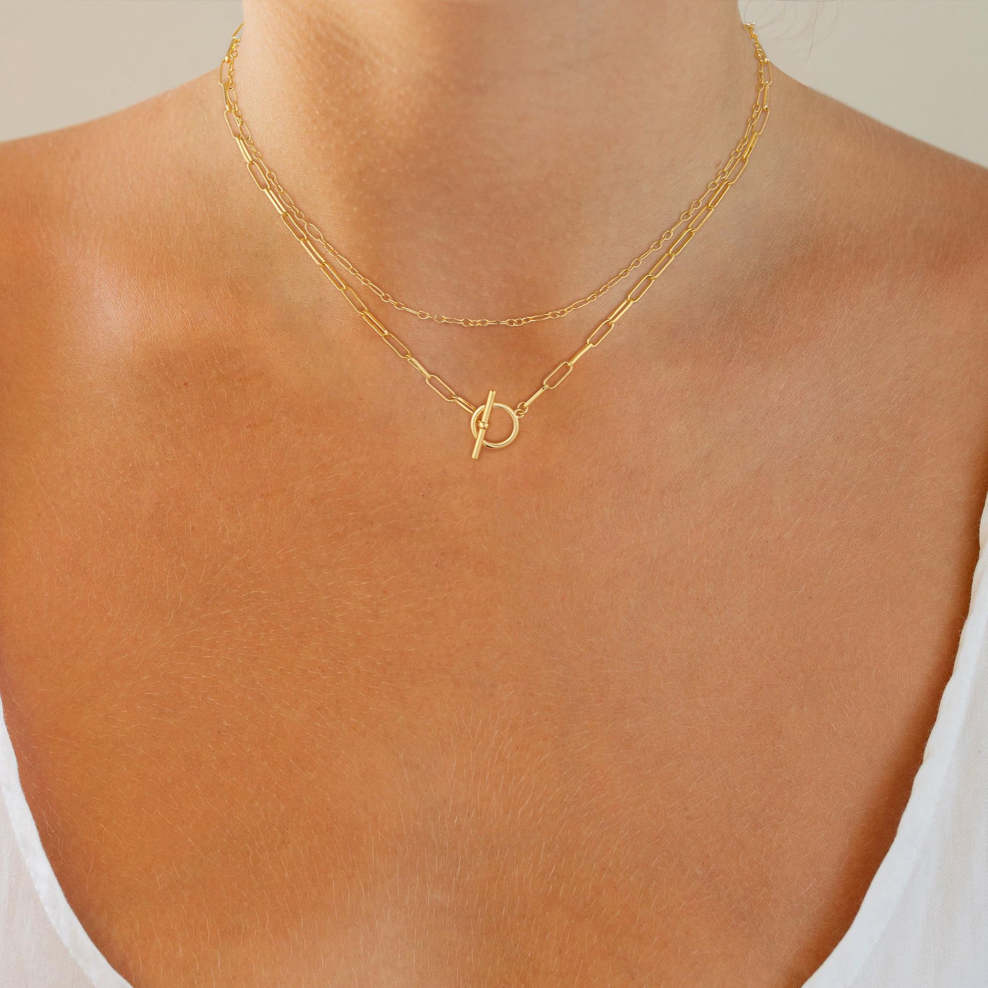 CHESKY 14K Gold Plated Layered Chain Necklace for Women | Trendy Cuban Link Chain, Chunky Paperclip Chain, Toggle Clasp Necklace, Fashion Gold Jewelry, Daily Gift for Women