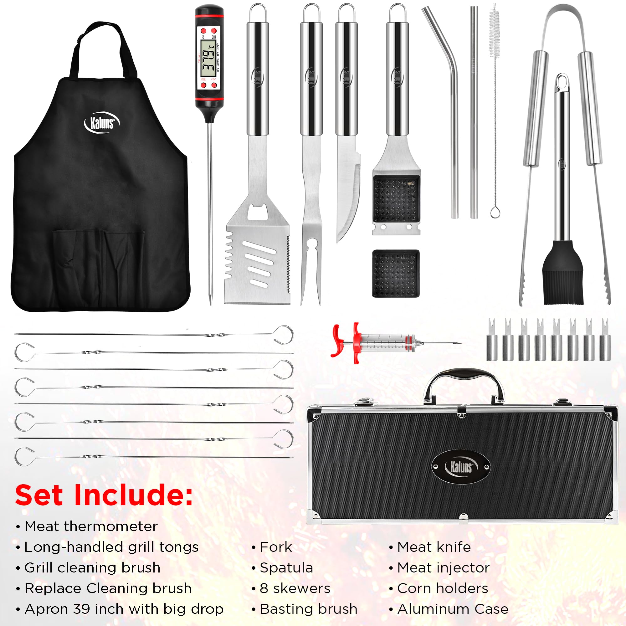 Kaluns Grilling Accessories, Gifts for Men Christmas Grilling Gifts for Dad, Heavy Duty Stainless Steel BBQ Grill Tools Set for Outdoor Grill with Aluminum Case and Apron, Birthday Gifts for Men Dad