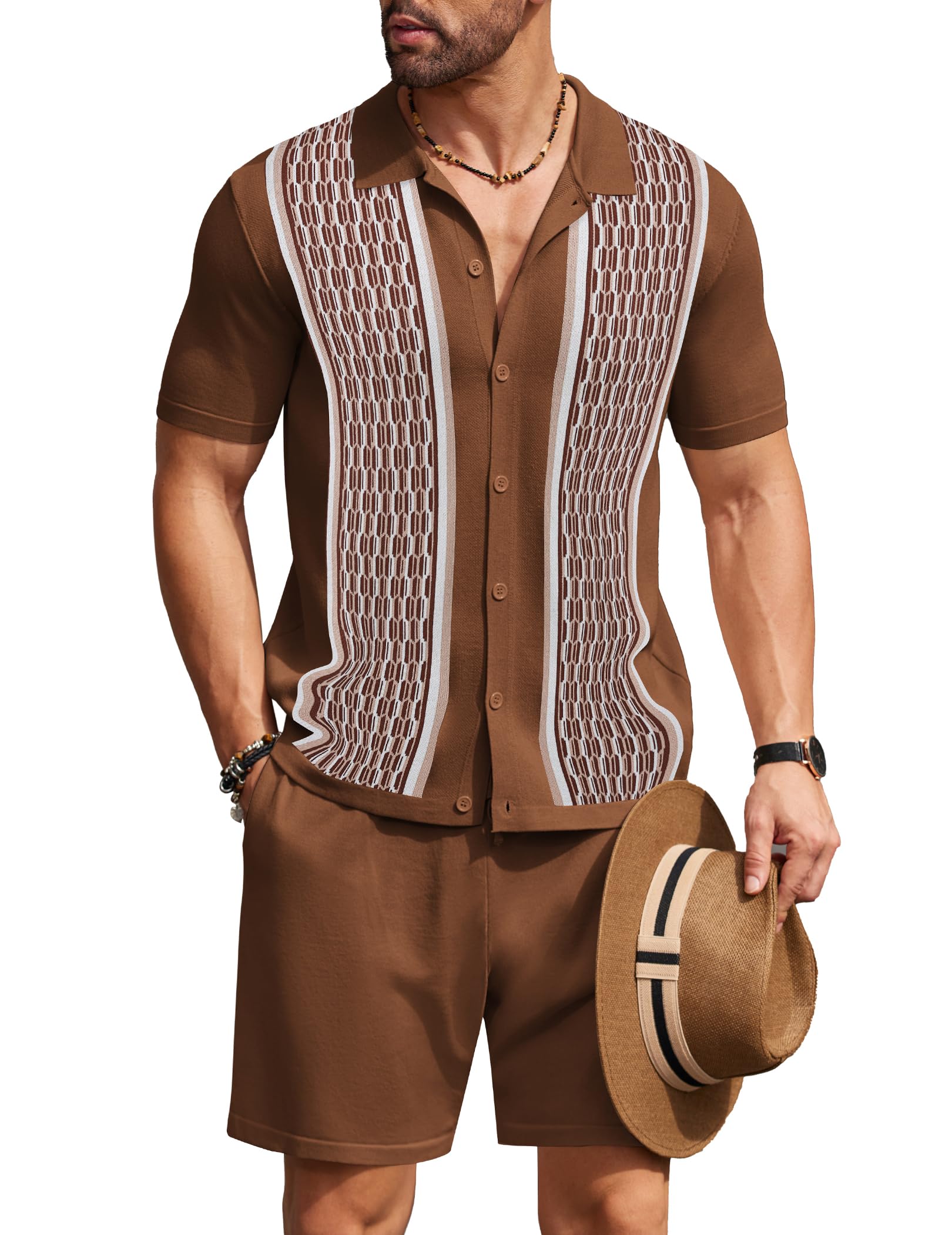 COOFANDY Men's 2 Piece Outfit Vintage Short Sleeve Button Down Knit Polo Shirts Casual Beach Shorts Sets