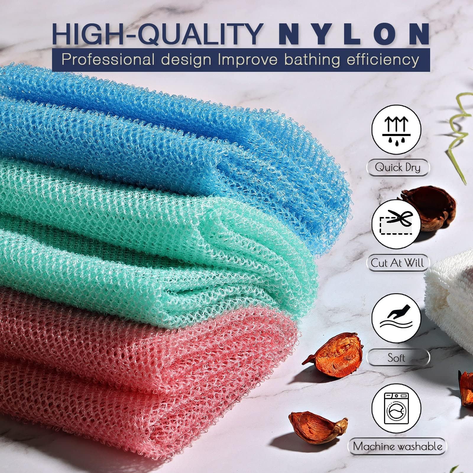 UJFQBH 3 Pieces African Bath Sponge African Net Long Net Bath Sponge Exfoliating Shower Body Scrubber Back Scrubber Skin Smoother,Great for Daily Use (Pink,Yellow,Purple)