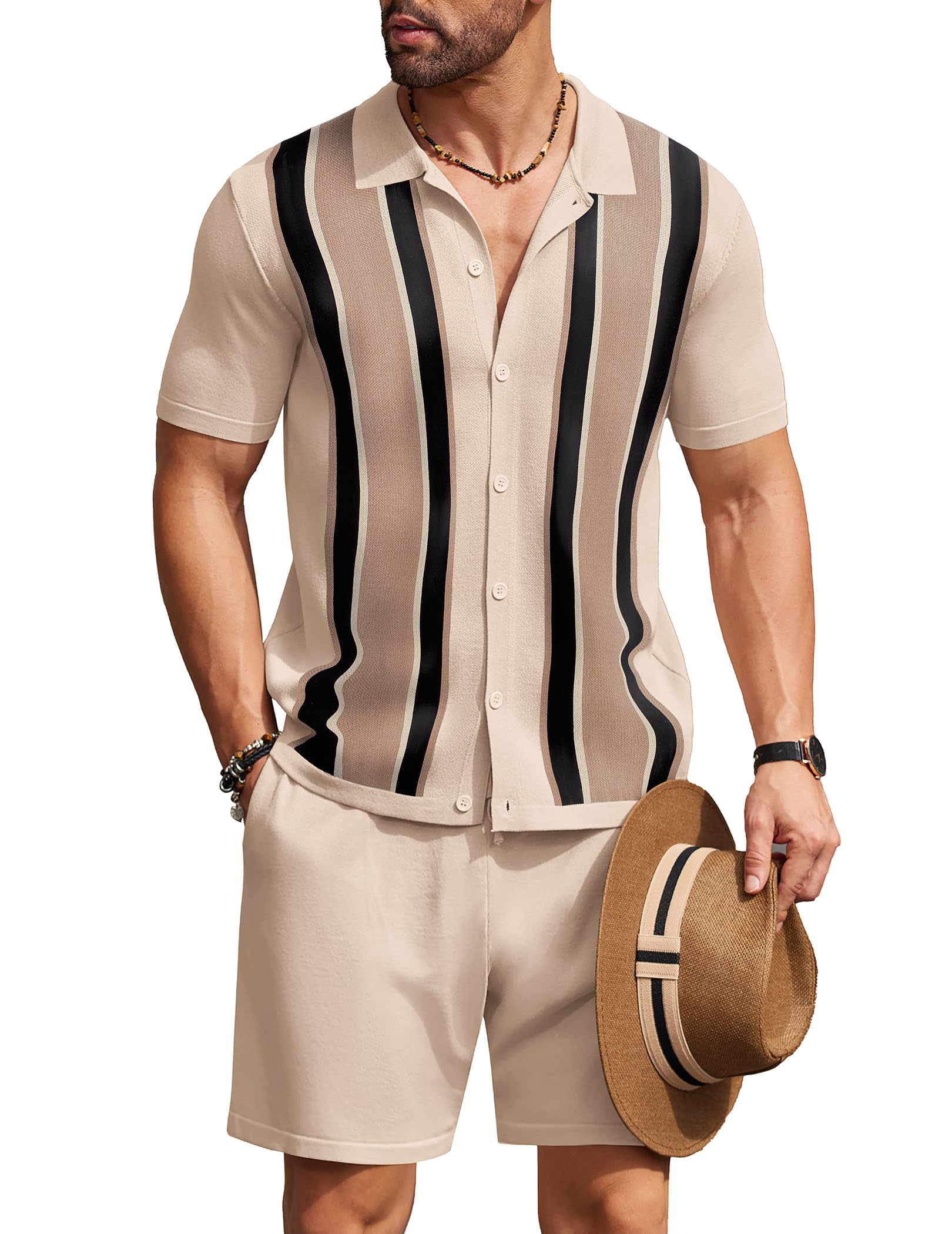 COOFANDY Men's 2 Piece Outfit Vintage Short Sleeve Button Down Knit Polo Shirts Casual Beach Shorts Sets