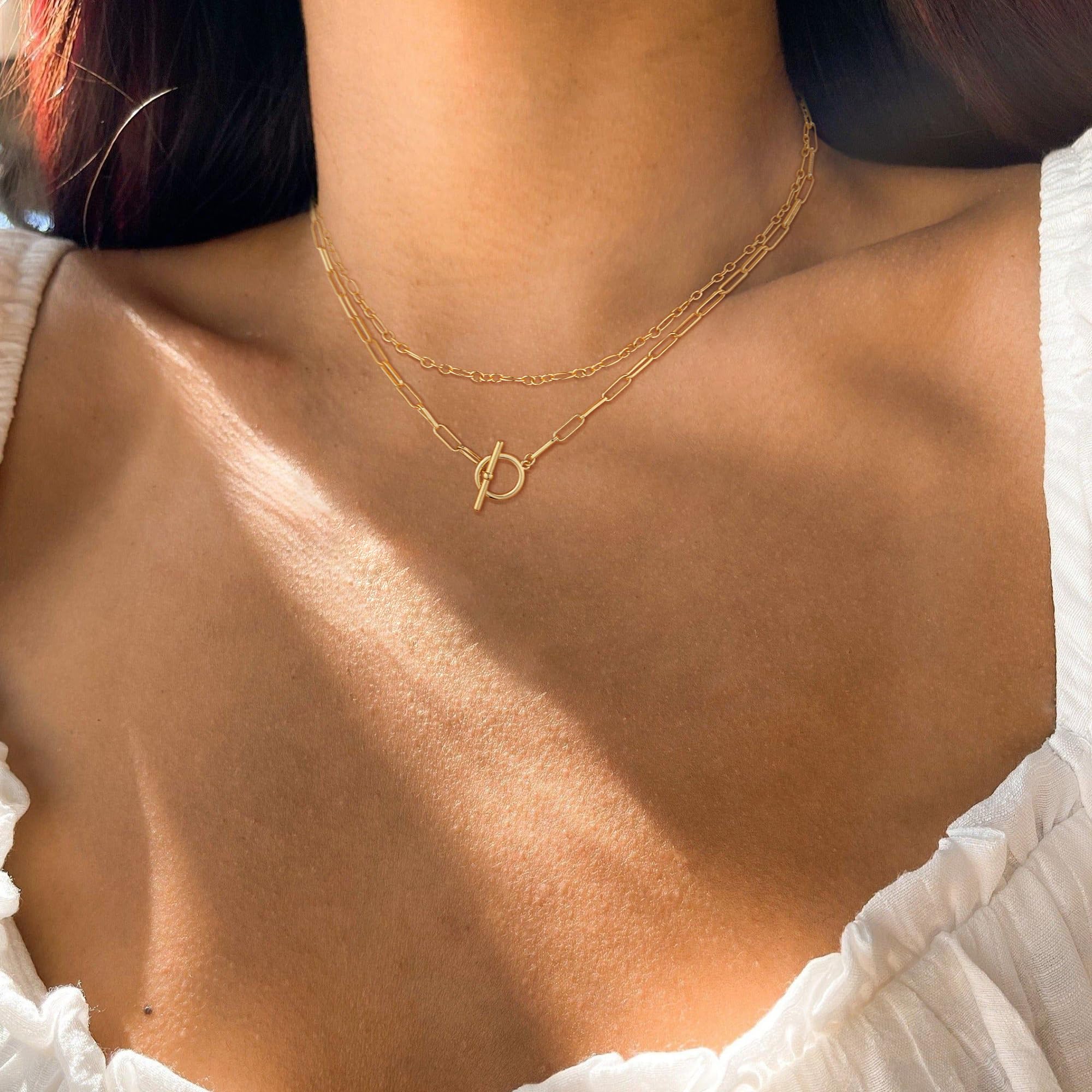 CHESKY 14K Gold Plated Layered Chain Necklace for Women | Trendy Cuban Link Chain, Chunky Paperclip Chain, Toggle Clasp Necklace, Fashion Gold Jewelry, Daily Gift for Women