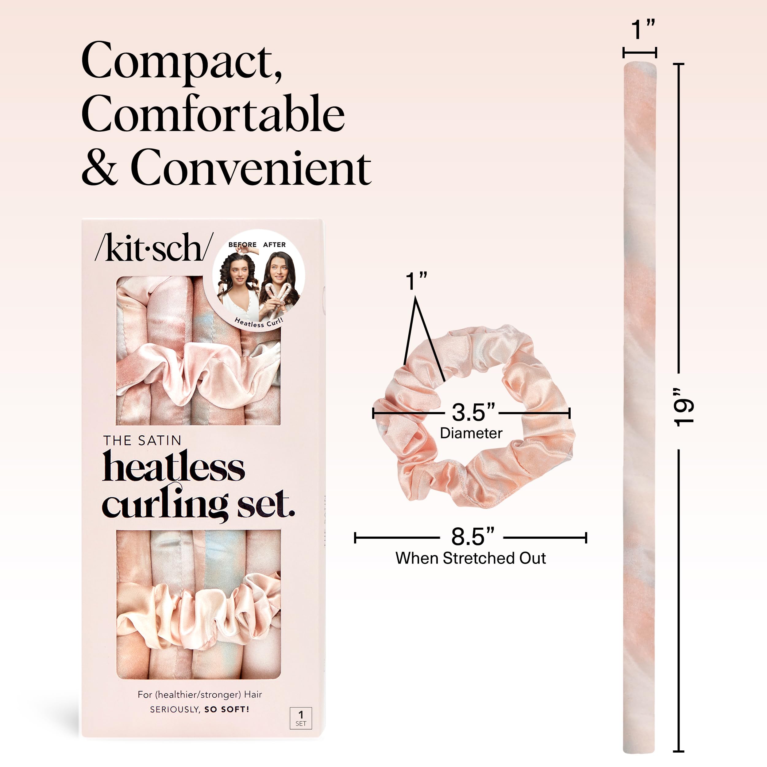 Kitsch Satin Heatless Curls Overnight Set - Sunset Tie Dye | No Heat Damage Overnight Curls | Comfortable Frizz Free Hair Curlers To Sleep In with 34" Hair Waver & 2 Satin Scrunchies