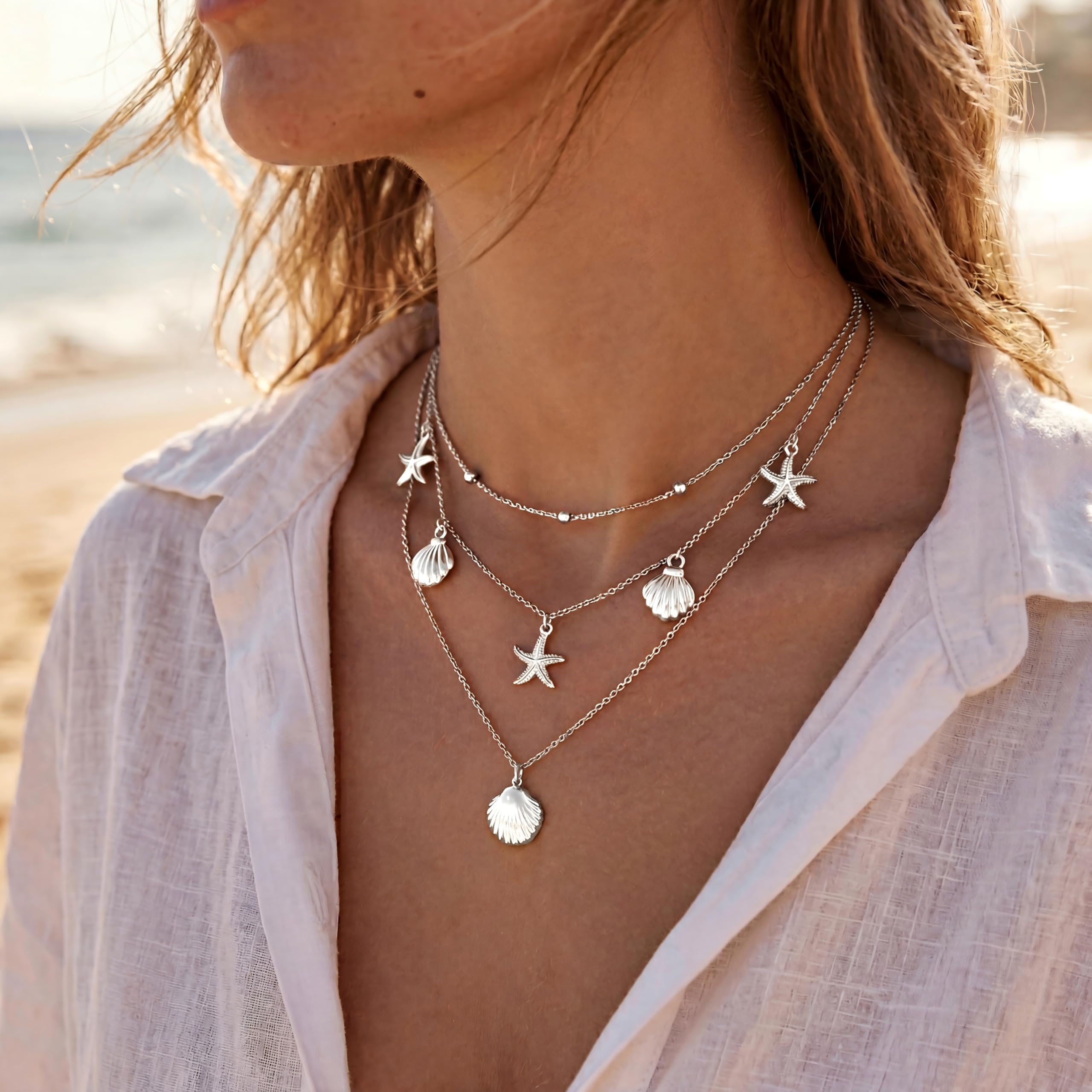 WomenGifts Layered Gold Necklaces for Women, 14K Gold Sterling Silver Plated Dainty Pendant Necklace Set Non Tarnish, Chunky Stackable Cuban Chain Choker, Trendy Birthstone Vacation Jewelry Gift
