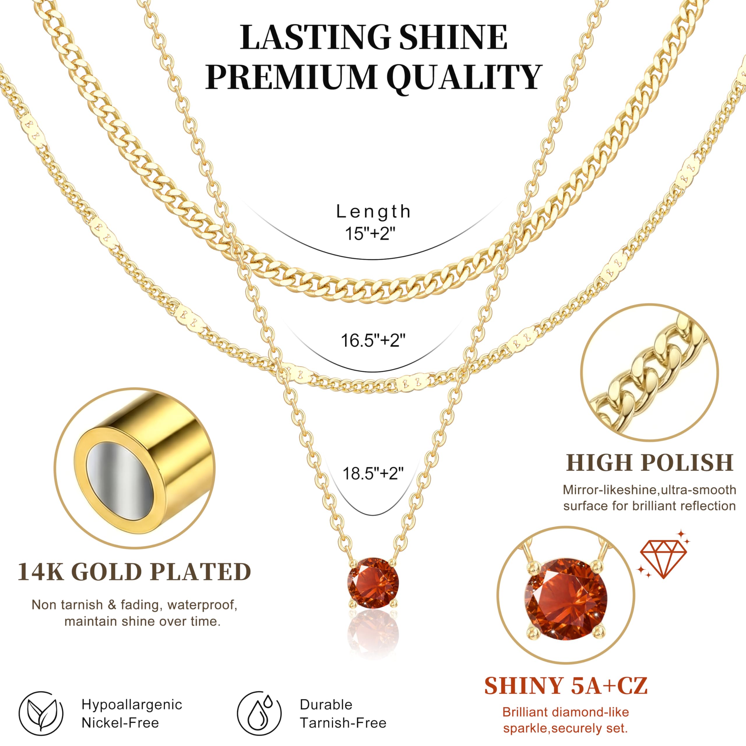 WomenGifts Layered Gold Necklaces for Women, 14K Gold Sterling Silver Plated Dainty Pendant Necklace Set Non Tarnish, Chunky Stackable Cuban Chain Choker, Trendy Birthstone Vacation Jewelry Gift