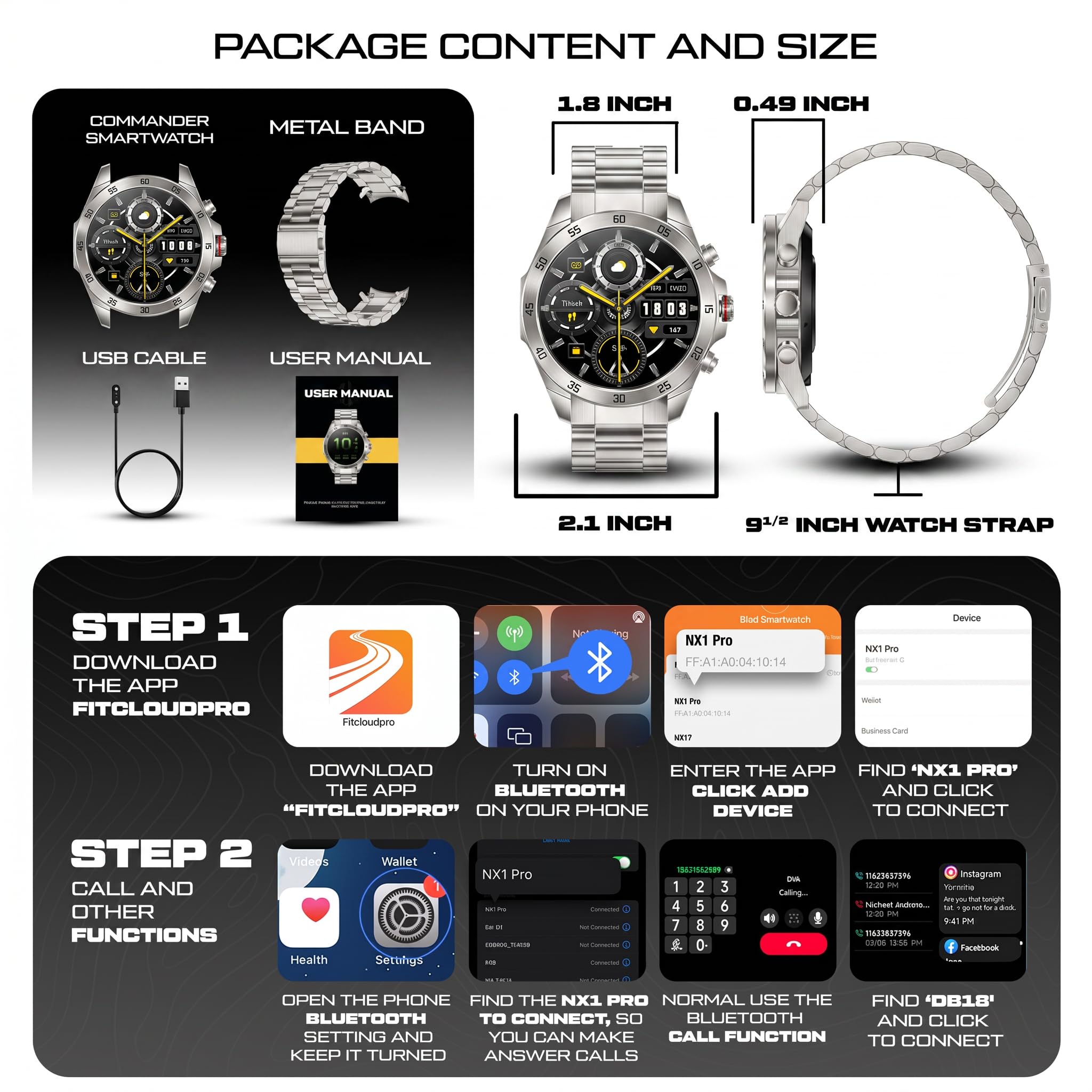 ALPHAGEAR Commander Smartwatch for Men, Tactical Military Smart Watch, 12-Day Battery, AMOLED Display, Bluetooth Calling, IP68 Water Resistant, Stainless Steel, for Android iPhone, Dark Gray