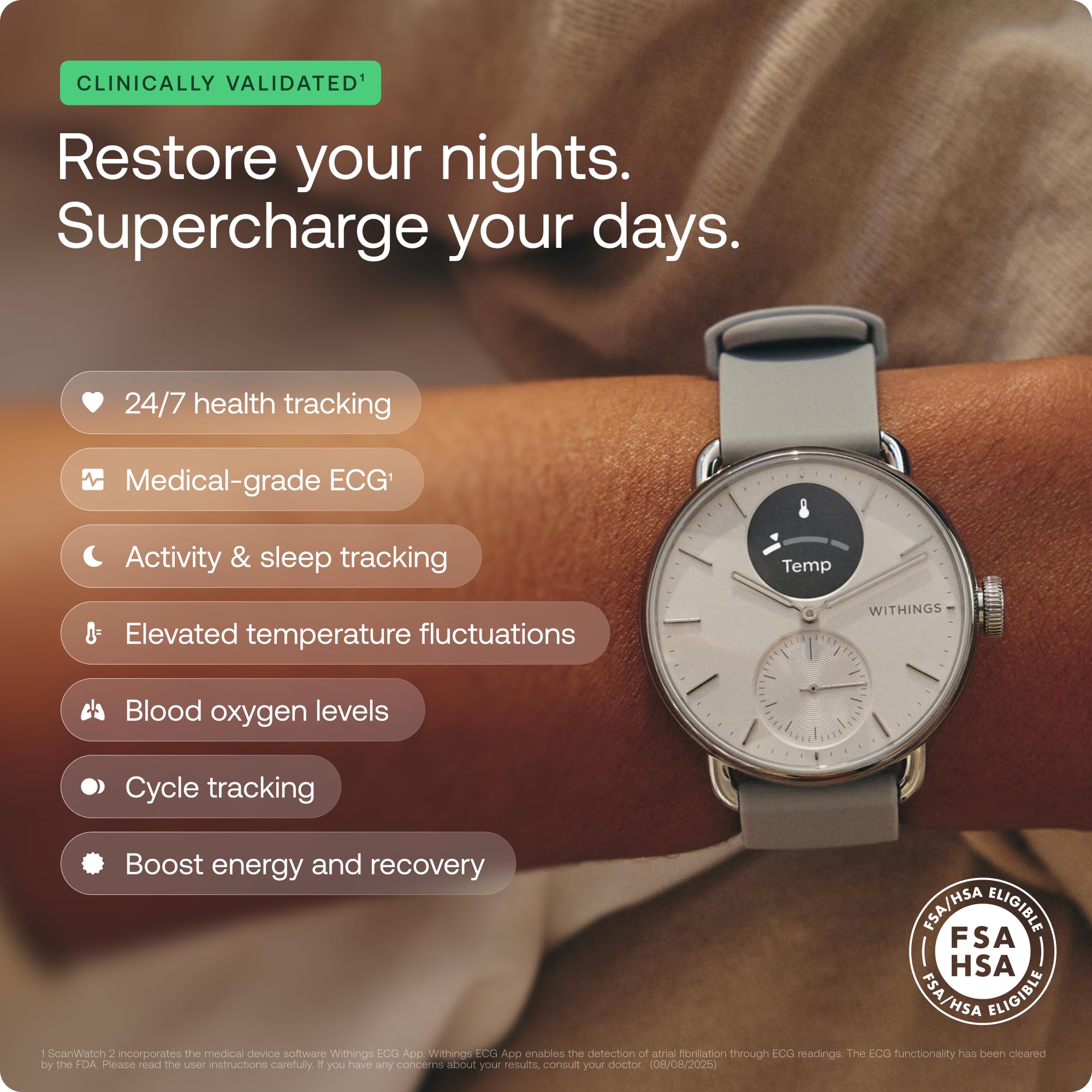 WITHINGS ScanWatch 2 - Hybrid Smart Watch, Heart Rate Monitoring, Fitness Tracker, Cycle Tracker, Sleep Monitoring, GPS Tracker, 30-Day Battery Life, Android & Apple Compatible, HSA/FSA