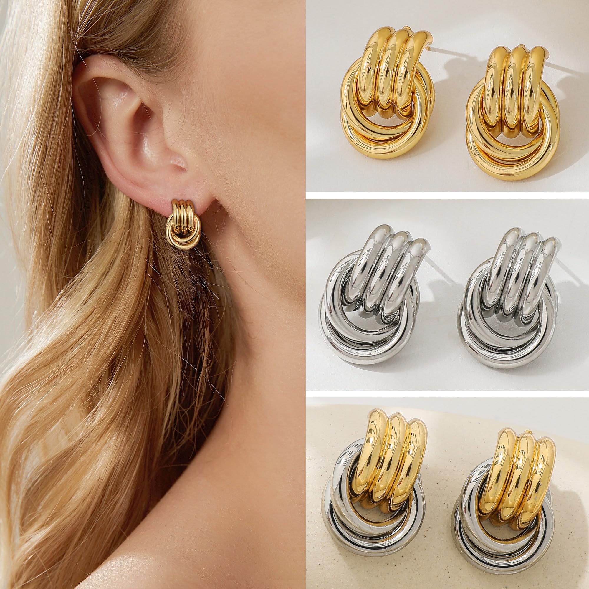 SHERLOVE Chunky Knot Gold Earrings Women Statement Drop Dangle Earrings | 14K Gold Plated Hypoallergenic Lightweight,Trendy Dainty Elegant Cute,Women Gold Jewelry Fashion Accessories Gifts