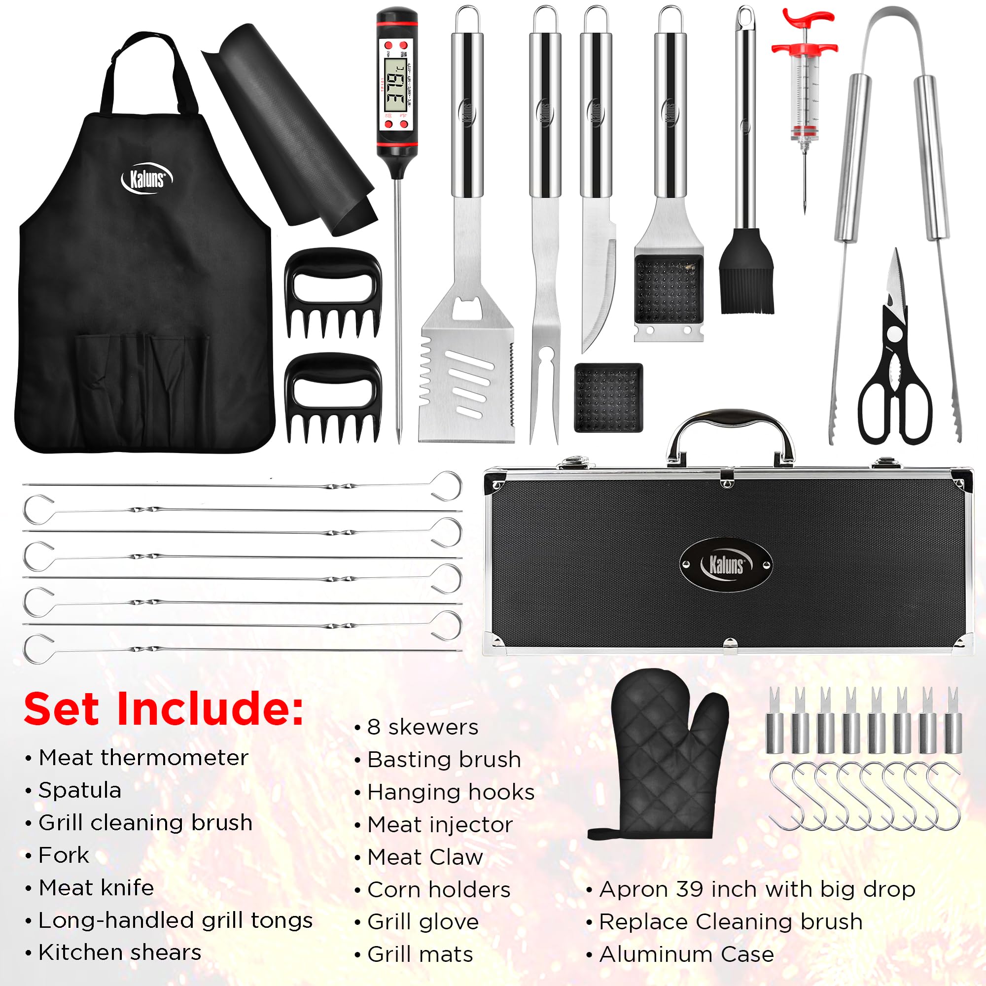 Kaluns Grilling Accessories, Gifts for Men Christmas Grilling Gifts for Dad, Heavy Duty Stainless Steel BBQ Grill Tools Set for Outdoor Grill with Aluminum Case and Apron, Birthday Gifts for Men Dad