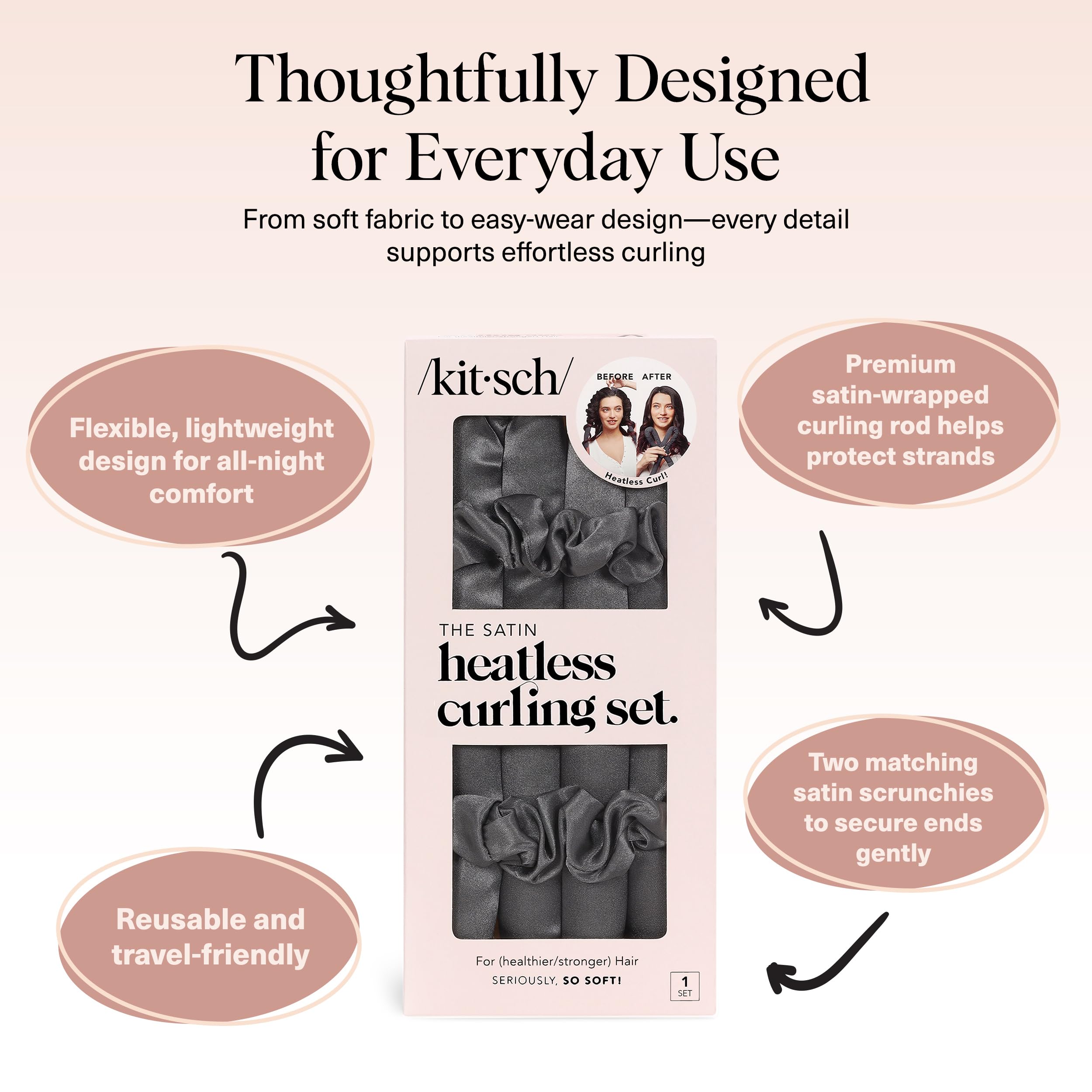 Kitsch Satin Heatless Curls Overnight Set - Sunset Tie Dye | No Heat Damage Overnight Curls | Comfortable Frizz Free Hair Curlers To Sleep In with 34" Hair Waver & 2 Satin Scrunchies