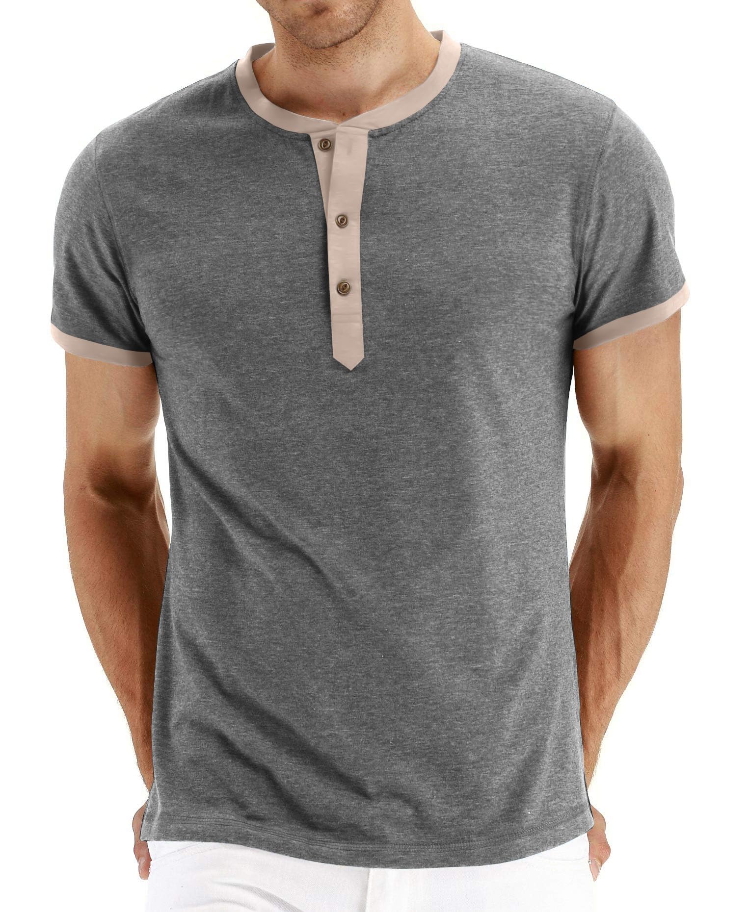 PEGENO Men's Fashion Casual Front Placket Short Sleeve Henley T-Shirts Cotton Shirts