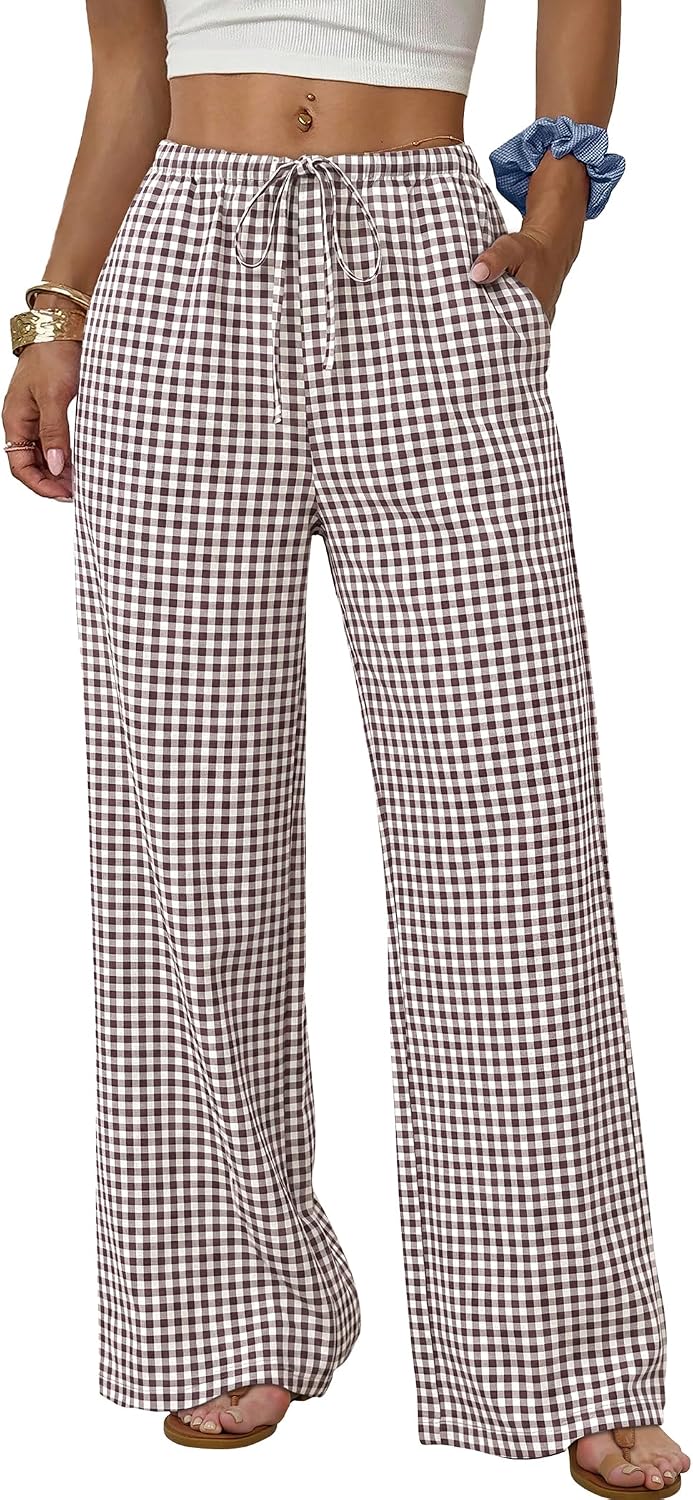 Sampeel Wide Leg Pants for Women Flowy Palazzo Drawstring Elastic Waist Trousers with Pockets Summer Beach Vacation Clothes