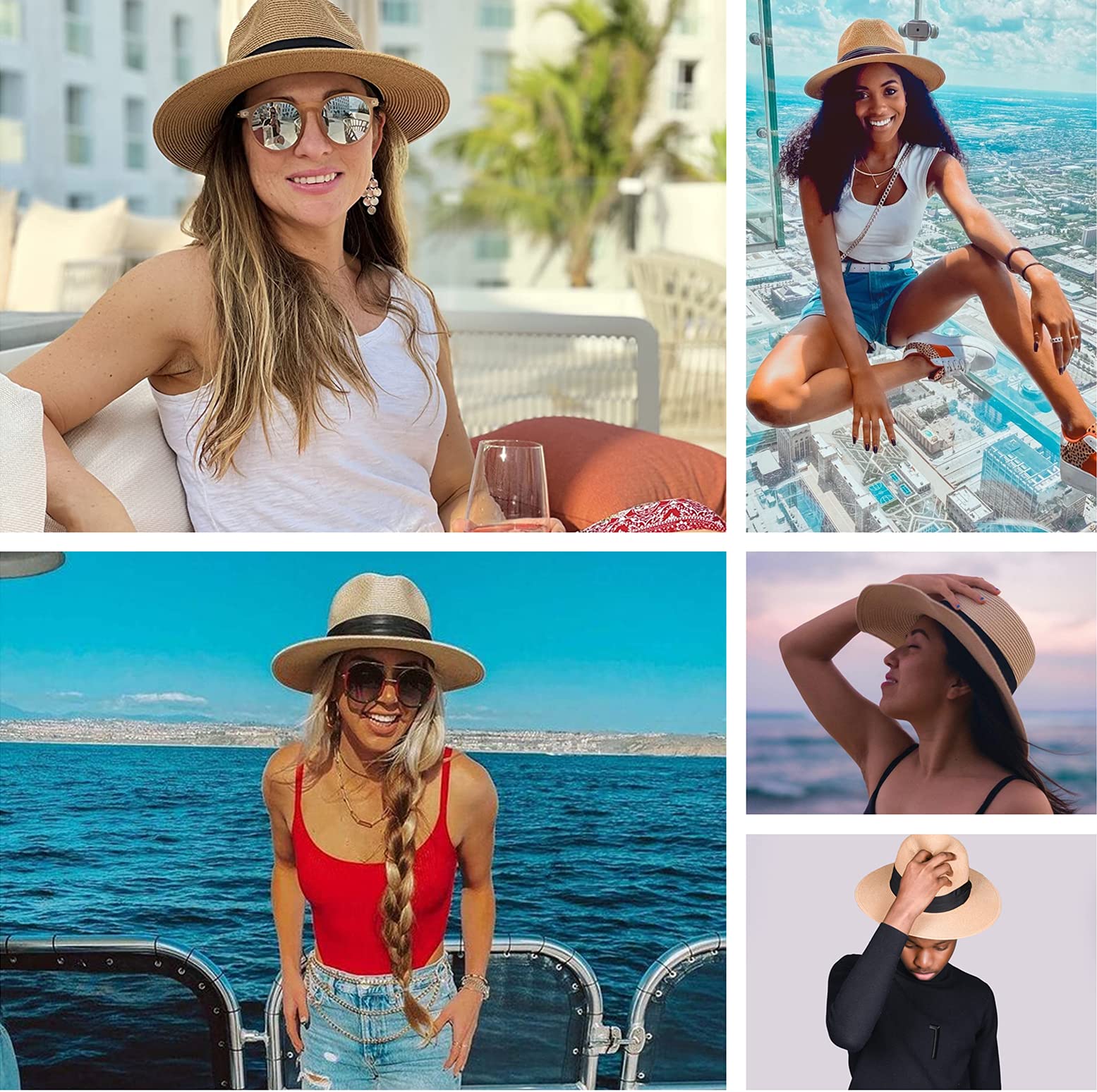 FURTALK Womens Mens Wide Brim Straw Panama Hat Fedora Summer Beach Sun Hat | Breathable Paper Straw, Classic Ribbon Trim, UPF Protection, Adjustable Band Inside, Chin Strap for Gusty Winds