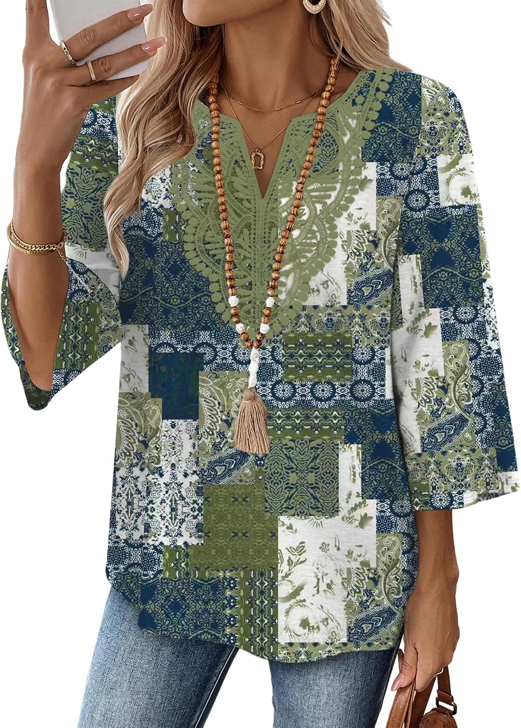 WIHOLL 3/4 Length Sleeve Womens Tops Boho V Neck Lace Shirt Trendy Blouses Dressy Casual Vacation Clothes S-3XL