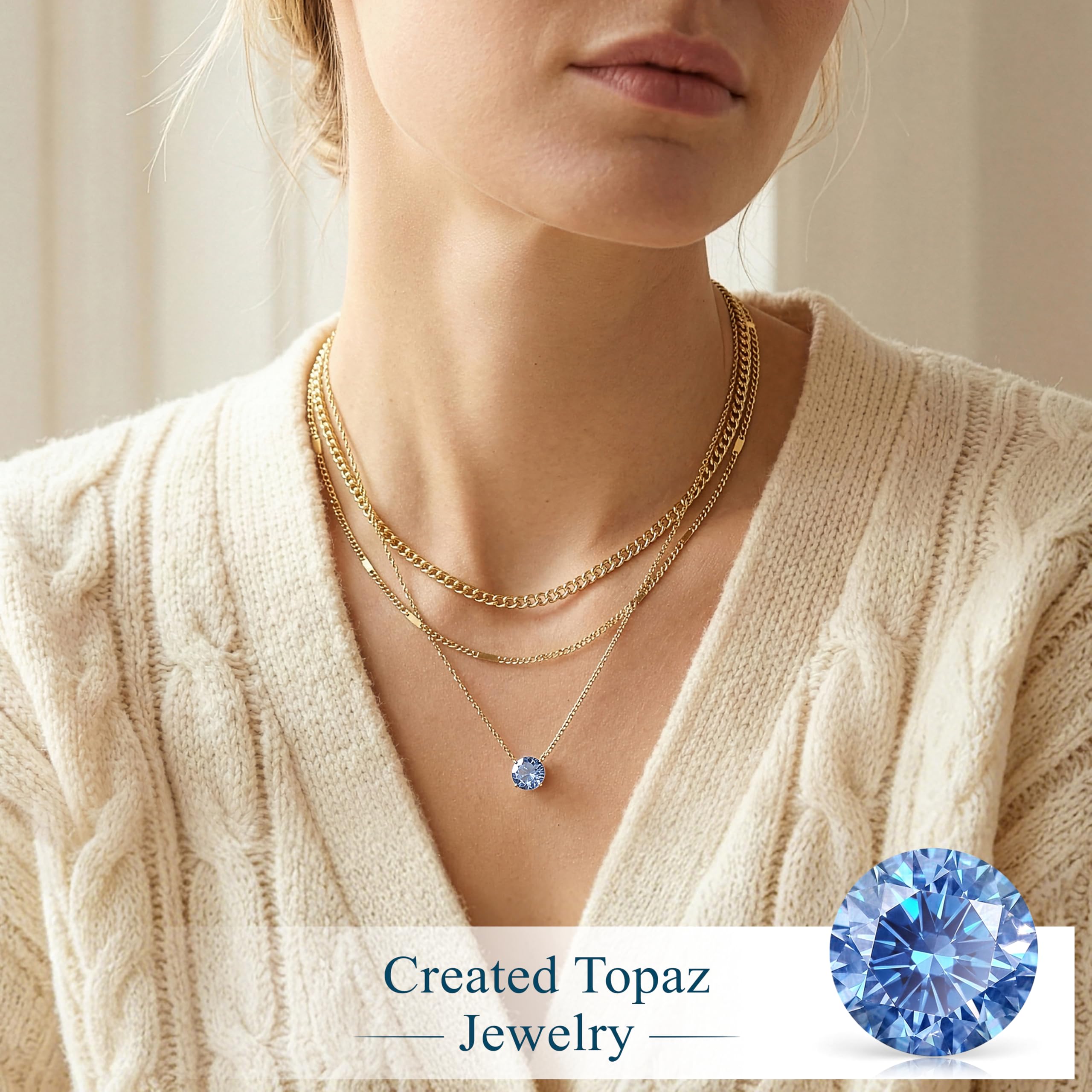 WomenGifts Layered Gold Necklaces for Women, 14K Gold Sterling Silver Plated Dainty Pendant Necklace Set Non Tarnish, Chunky Stackable Cuban Chain Choker, Trendy Birthstone Vacation Jewelry Gift