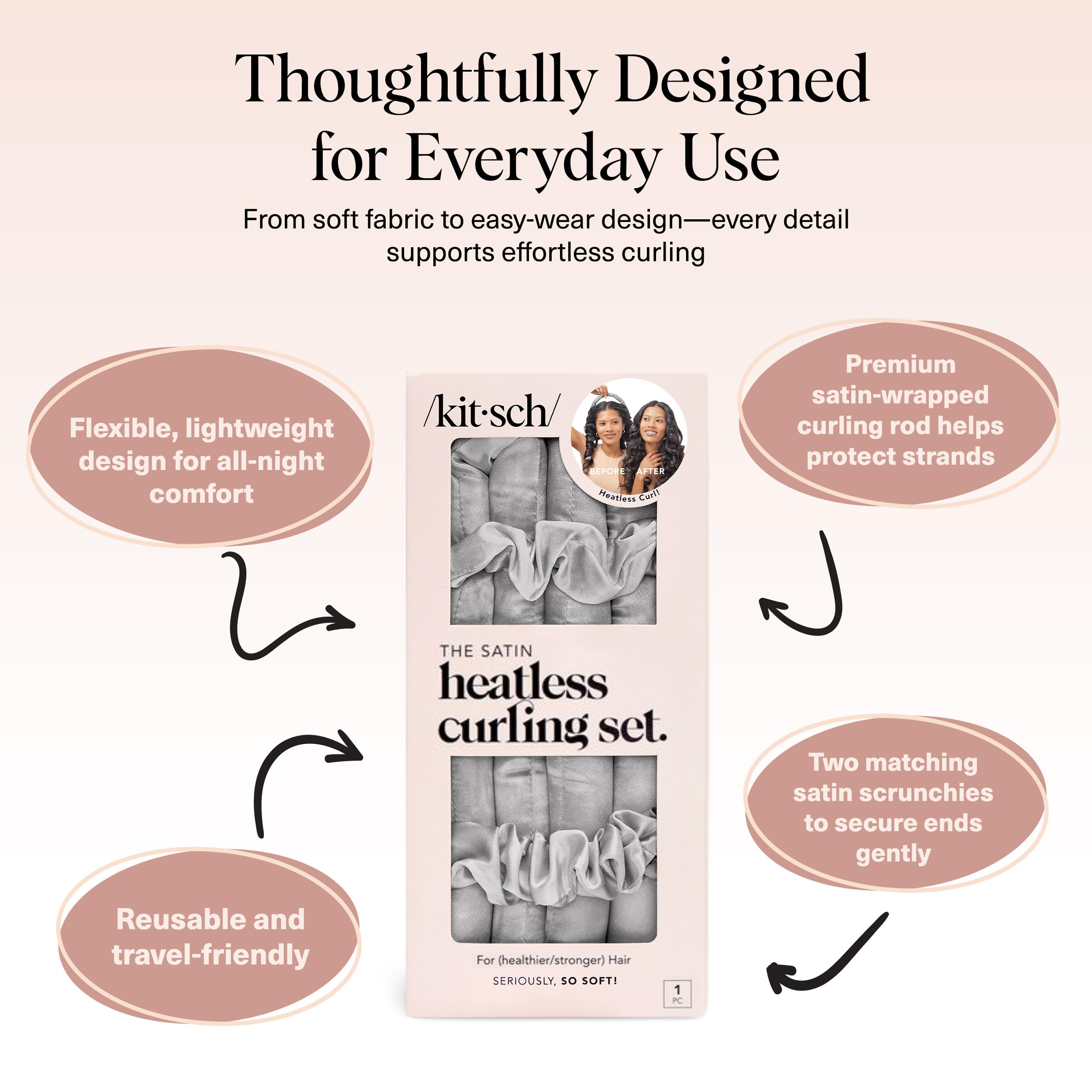 Kitsch Satin Heatless Curls Overnight Set - Sunset Tie Dye | No Heat Damage Overnight Curls | Comfortable Frizz Free Hair Curlers To Sleep In with 34" Hair Waver & 2 Satin Scrunchies