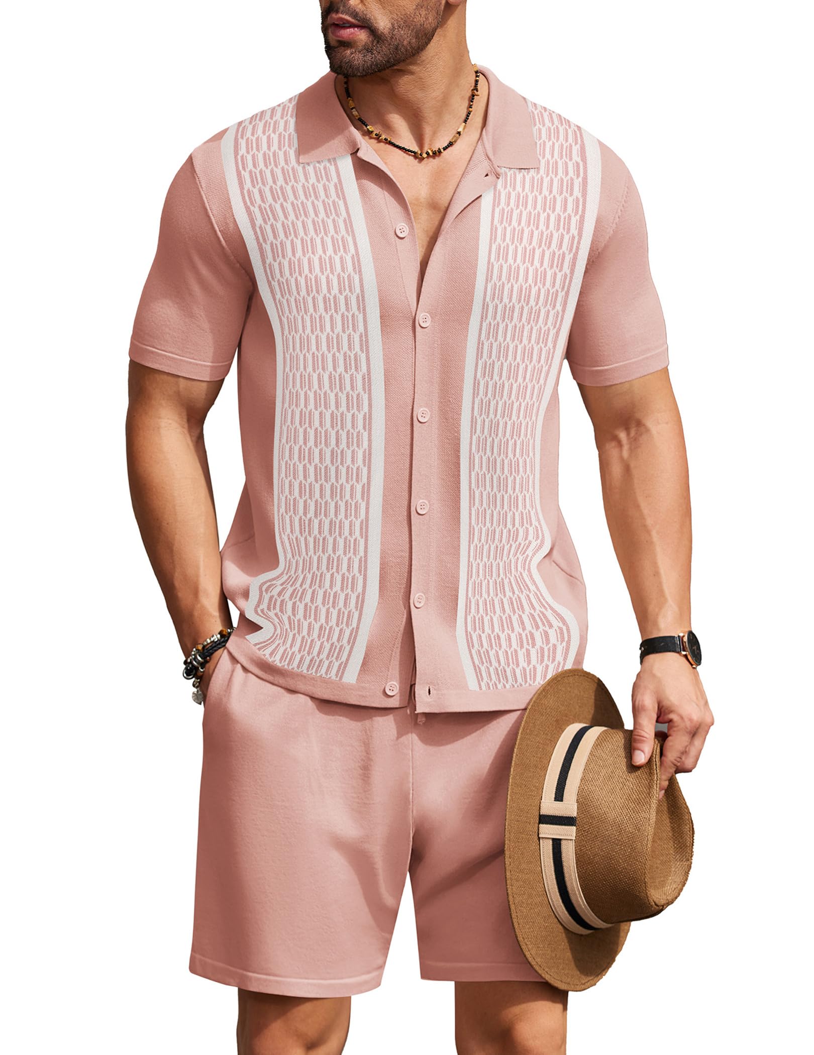 COOFANDY Men's 2 Piece Outfit Vintage Short Sleeve Button Down Knit Polo Shirts Casual Beach Shorts Sets