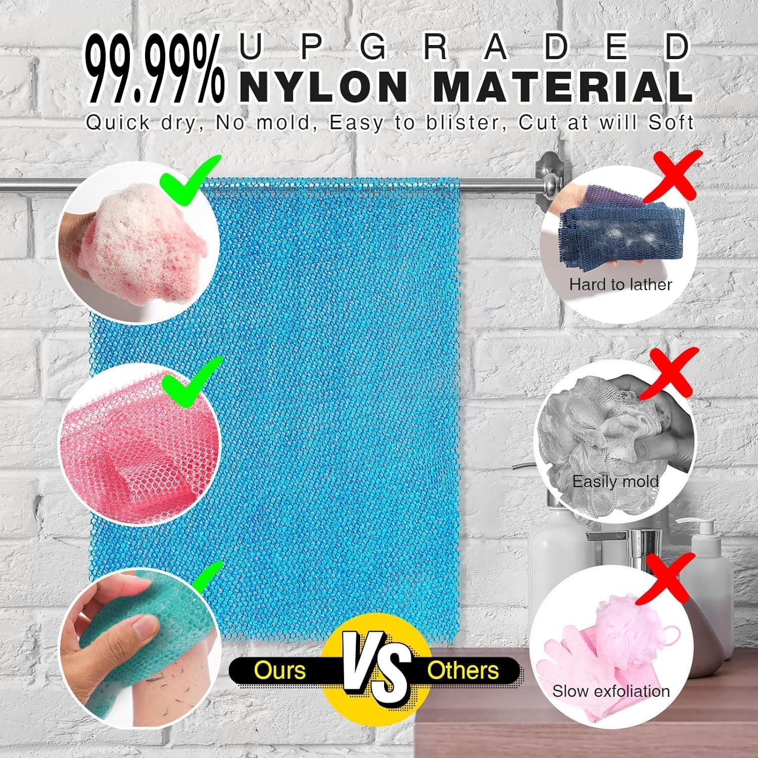 UJFQBH 3 Pieces African Bath Sponge African Net Long Net Bath Sponge Exfoliating Shower Body Scrubber Back Scrubber Skin Smoother,Great for Daily Use (Pink,Yellow,Purple)