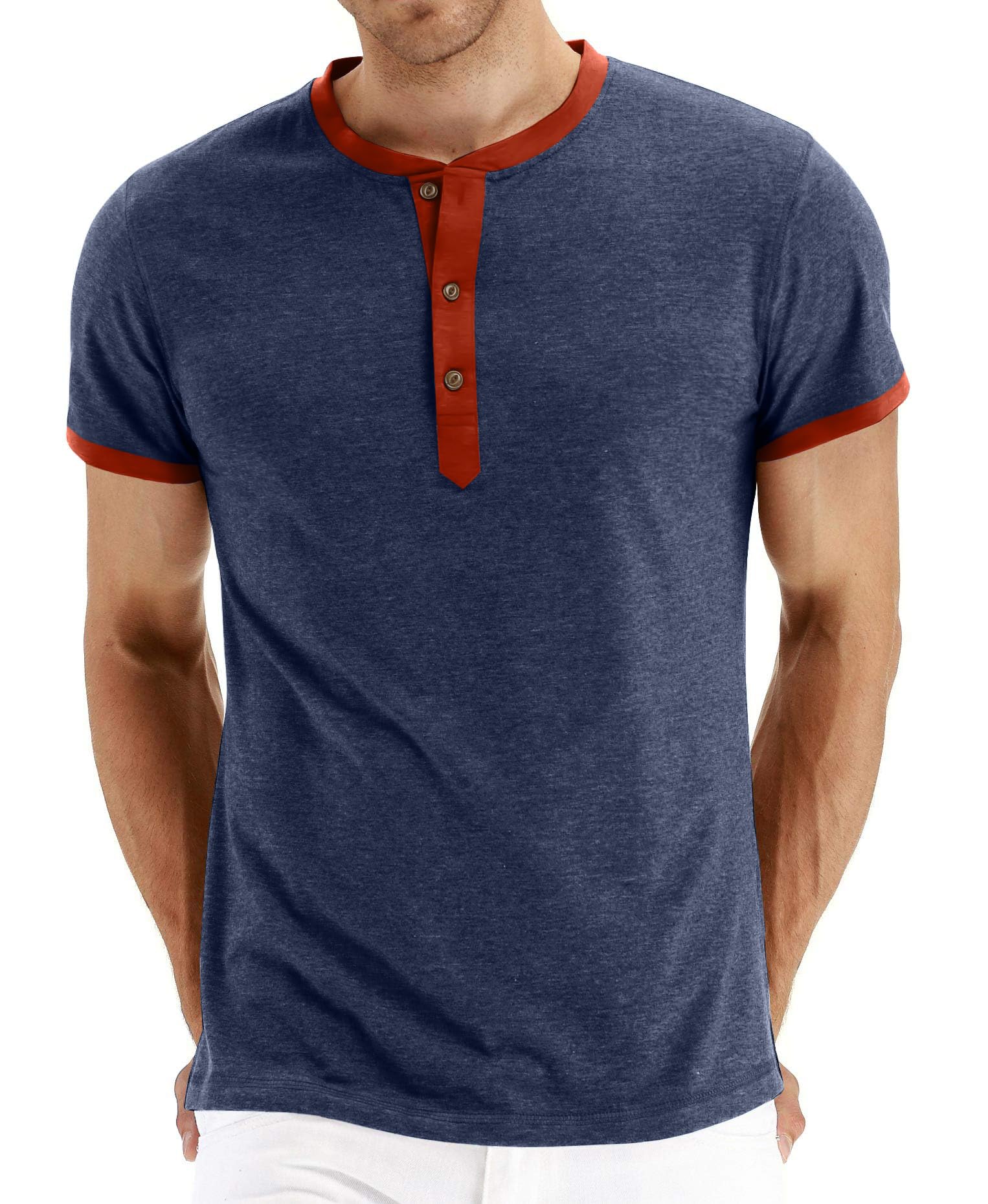 PEGENO Men's Fashion Casual Front Placket Short Sleeve Henley T-Shirts Cotton Shirts