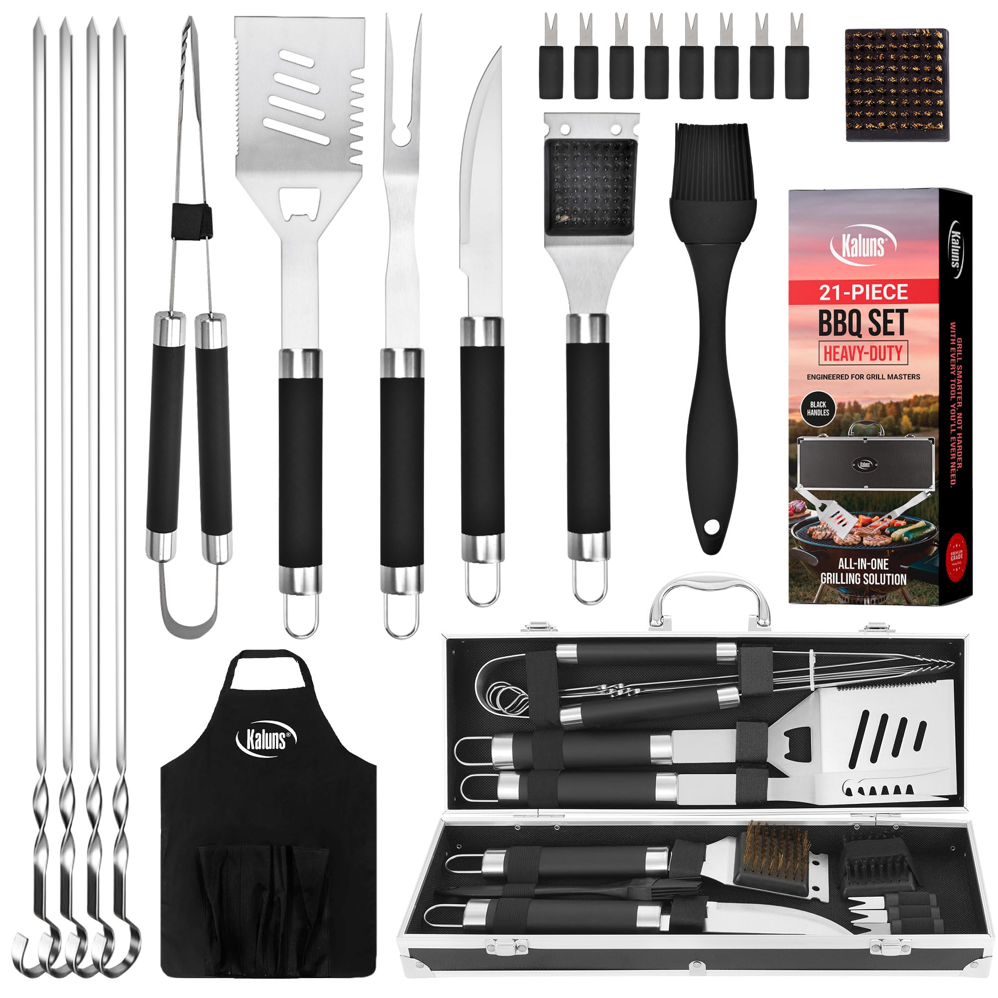 Kaluns Grilling Accessories, Gifts for Men Christmas Grilling Gifts for Dad, Heavy Duty Stainless Steel BBQ Grill Tools Set for Outdoor Grill with Aluminum Case and Apron, Birthday Gifts for Men Dad