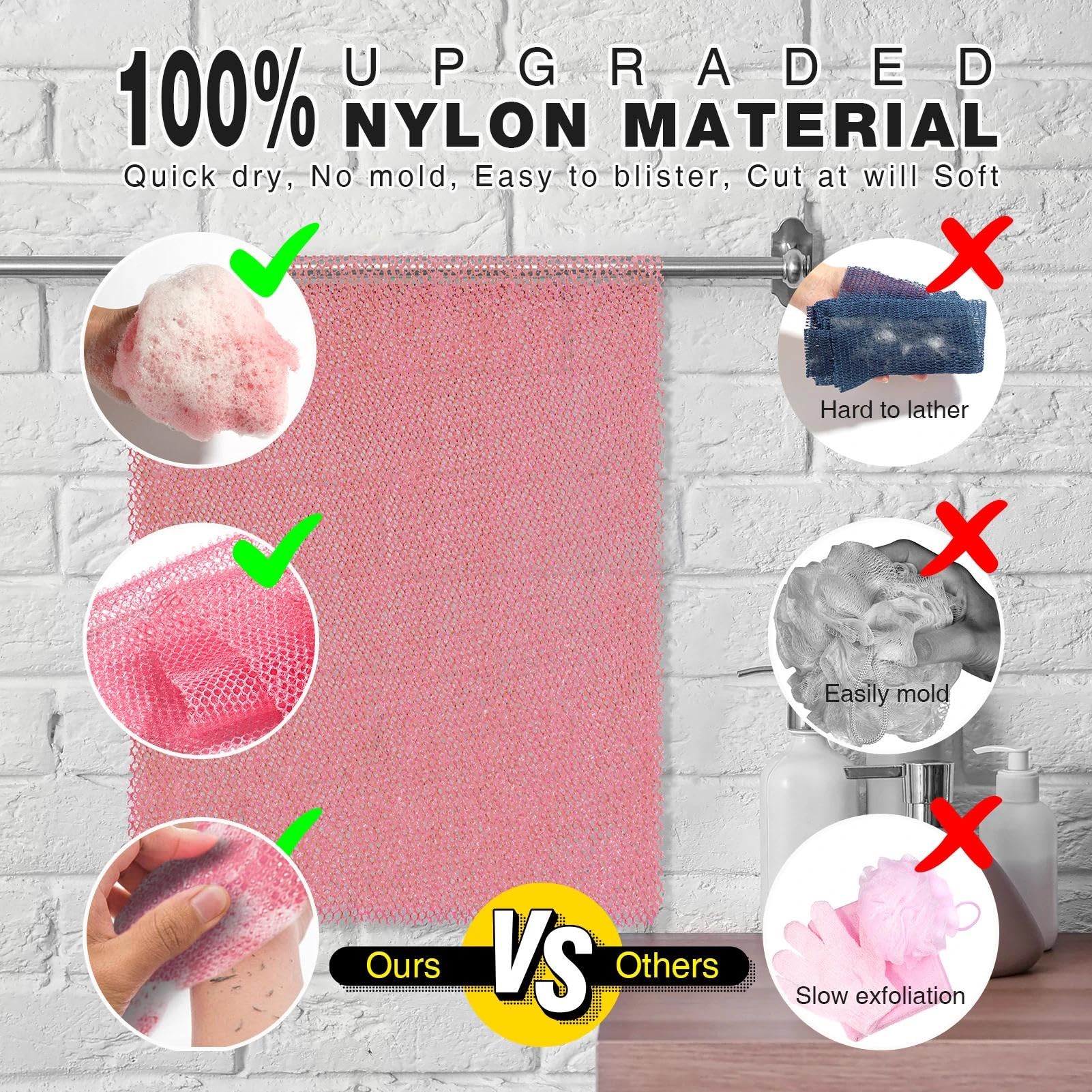 UJFQBH 3 Pieces African Bath Sponge African Net Long Net Bath Sponge Exfoliating Shower Body Scrubber Back Scrubber Skin Smoother,Great for Daily Use (Pink,Yellow,Purple)