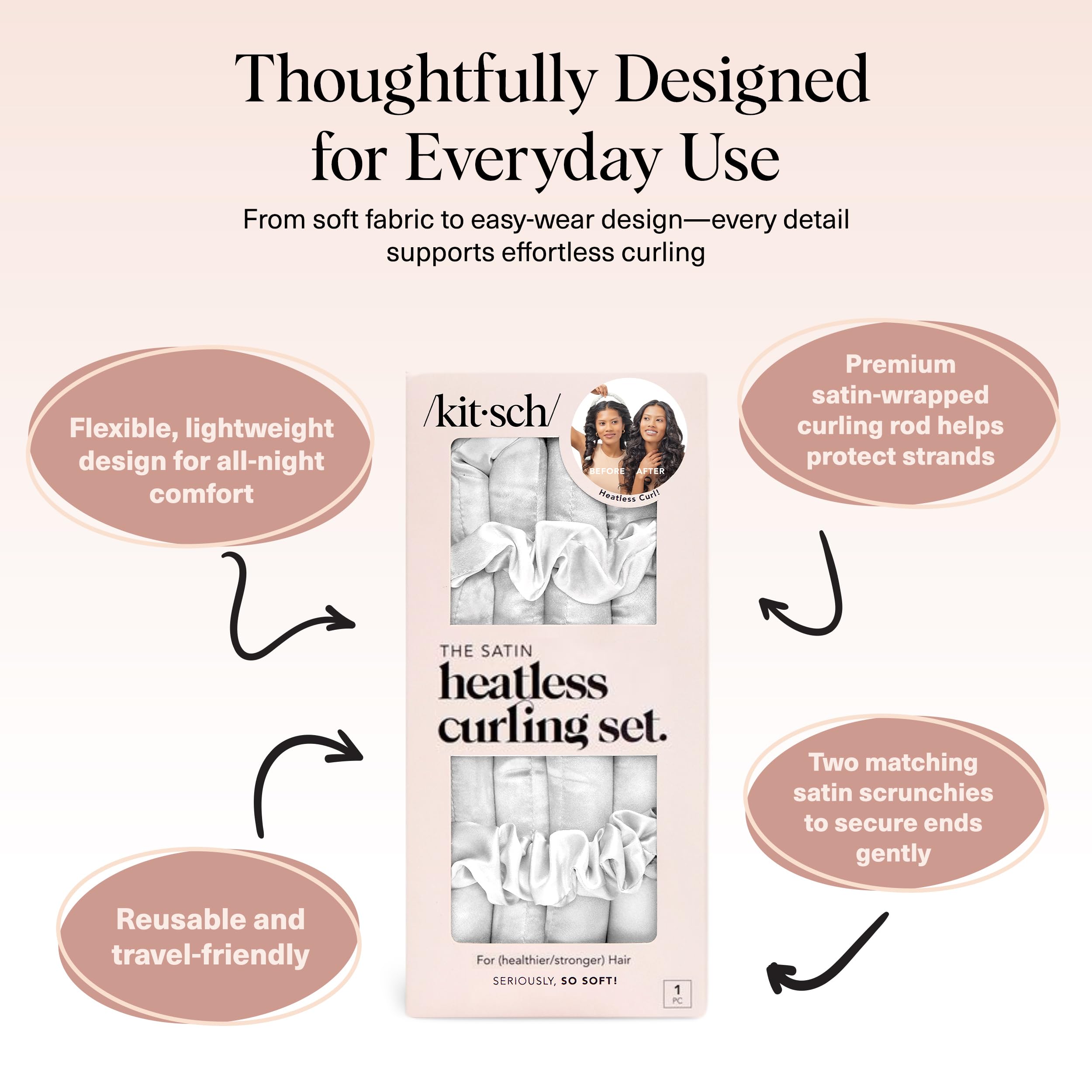 Kitsch Satin Heatless Curls Overnight Set - Sunset Tie Dye | No Heat Damage Overnight Curls | Comfortable Frizz Free Hair Curlers To Sleep In with 34" Hair Waver & 2 Satin Scrunchies