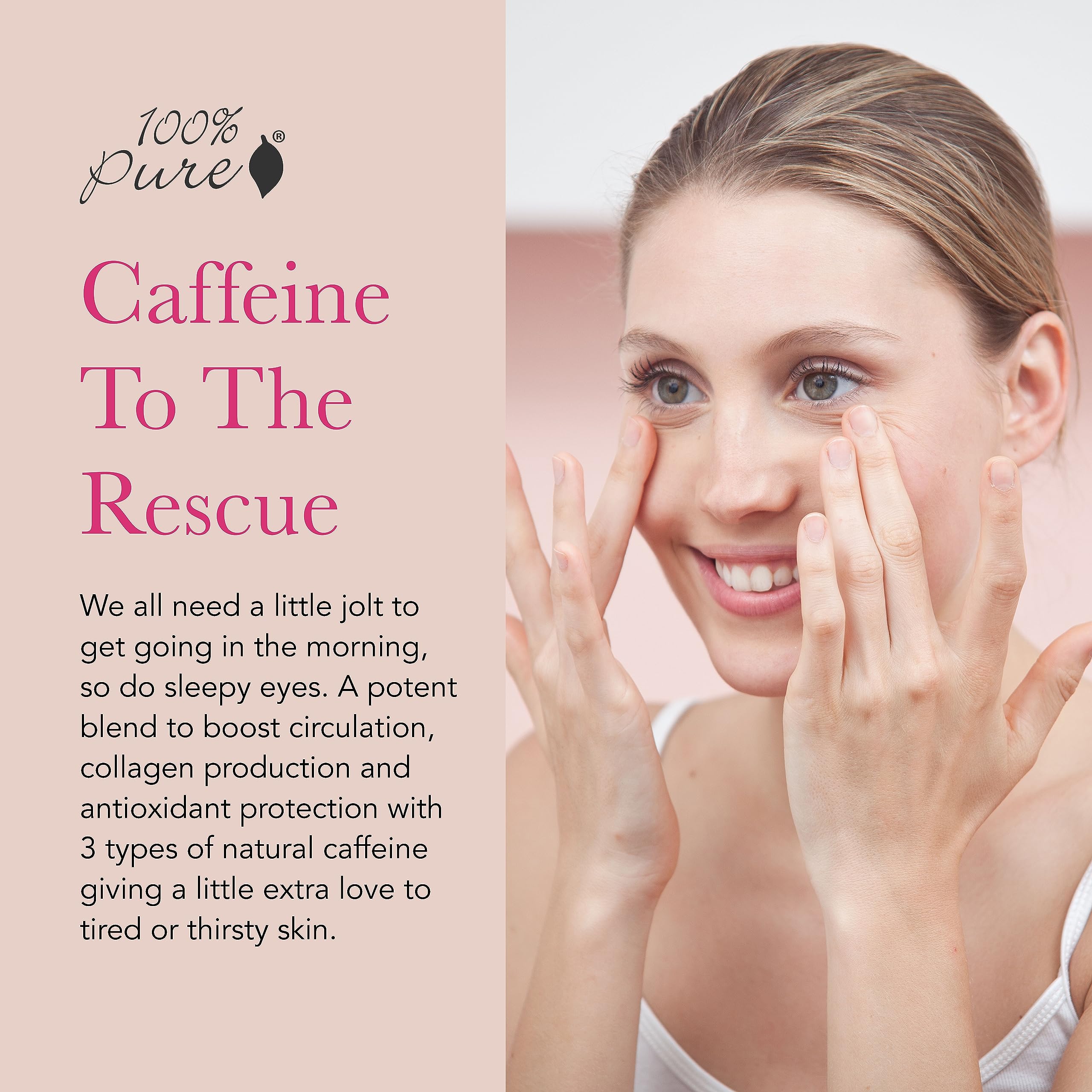 100% PURE Coffee Bean Caffeine Eye Cream, 1 oz | with Vitamin E, Green Tea, Rose; for Dry skin; Dark Circles; Vegan