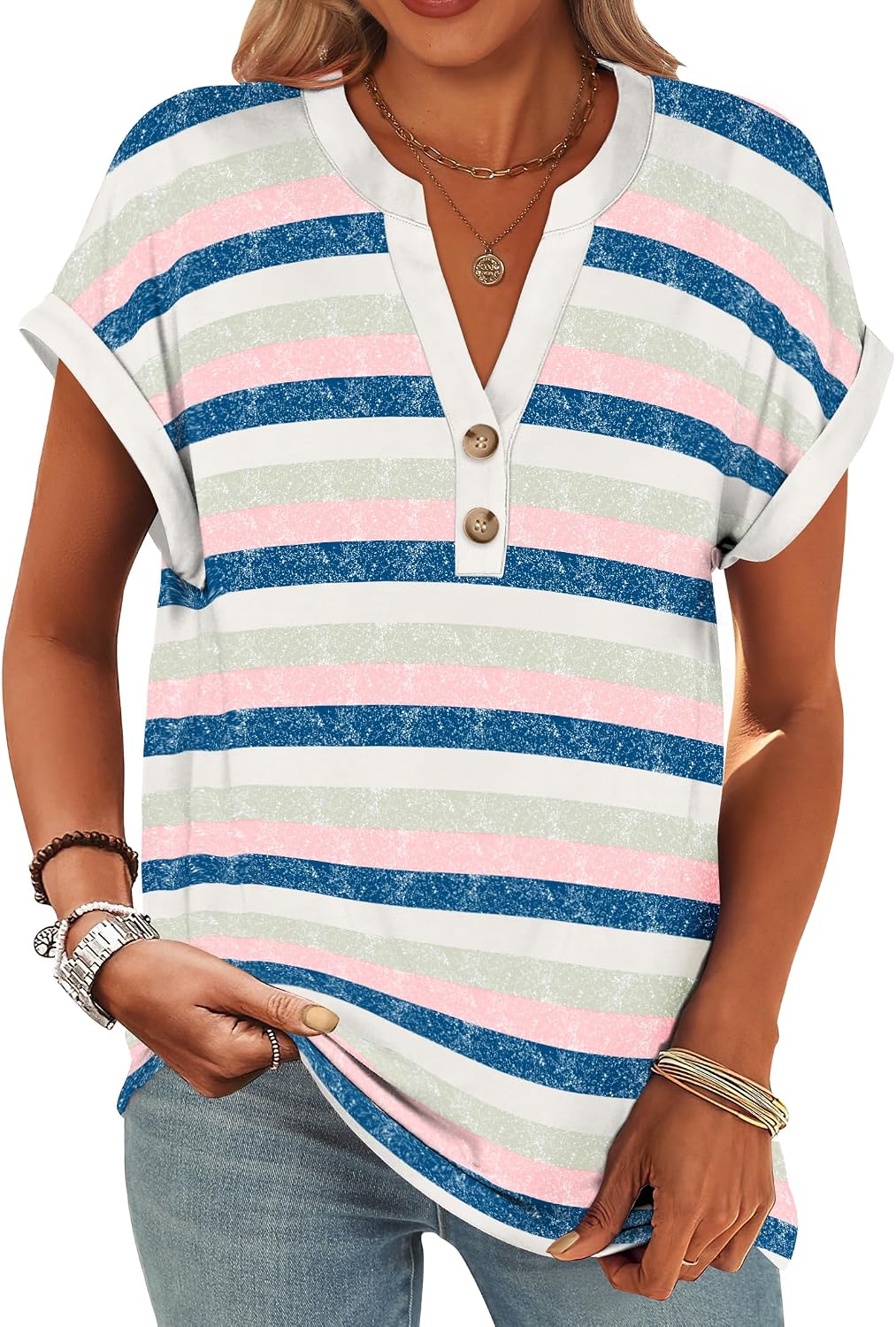 ANRABESS Womens Short Sleeve Henley Tops V Neck Dressy Casual Blouses Summer Trendy Tee Shirts 2026 Vacation Fashion Clothes