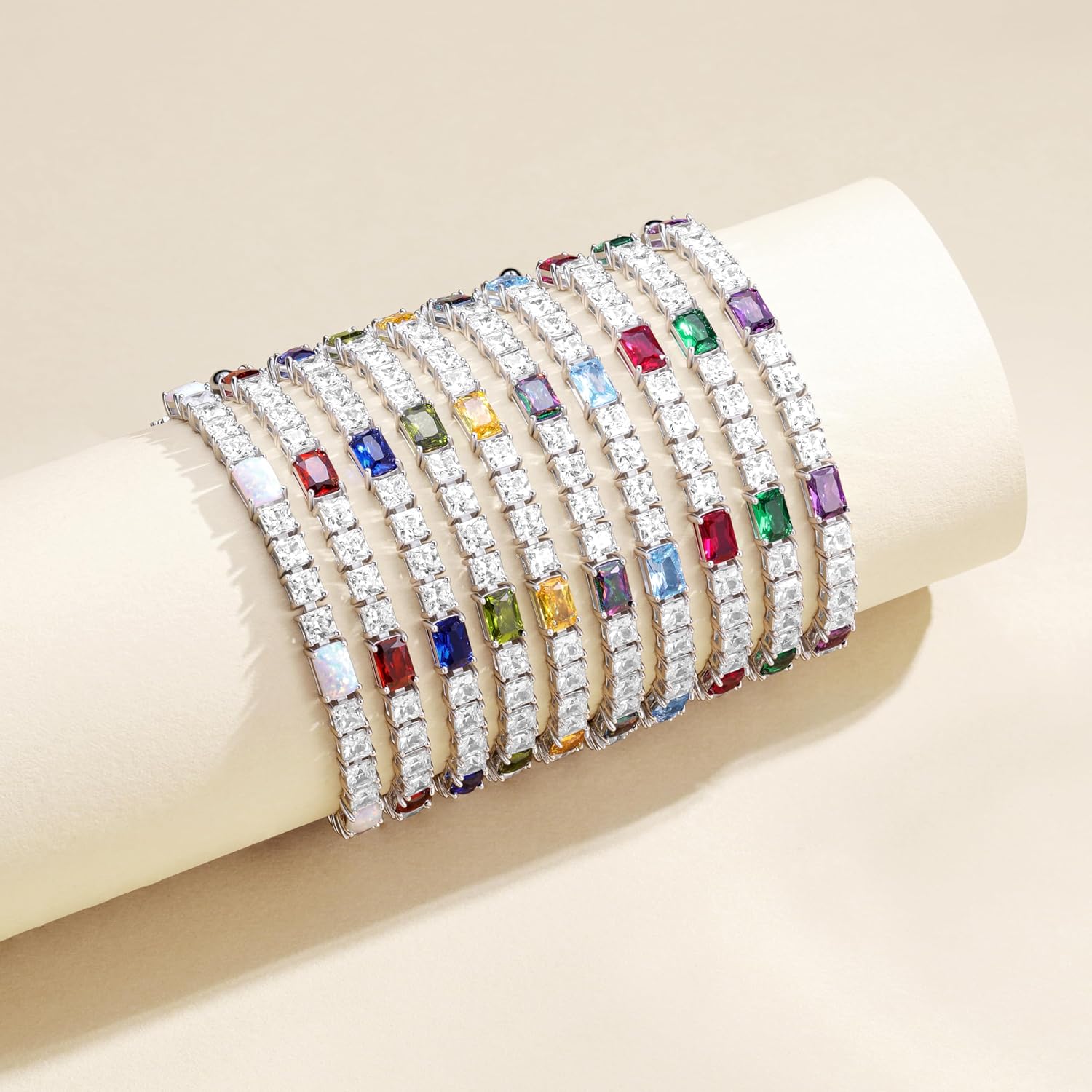 FANCIME Birthstone Bracelet for Women, Sterling Silver 4x6mm Gemstone Tennis Bracelet Bolo Adjustable Chain Fine Jewelry Birthday Gifts for Women Mom Wife Her