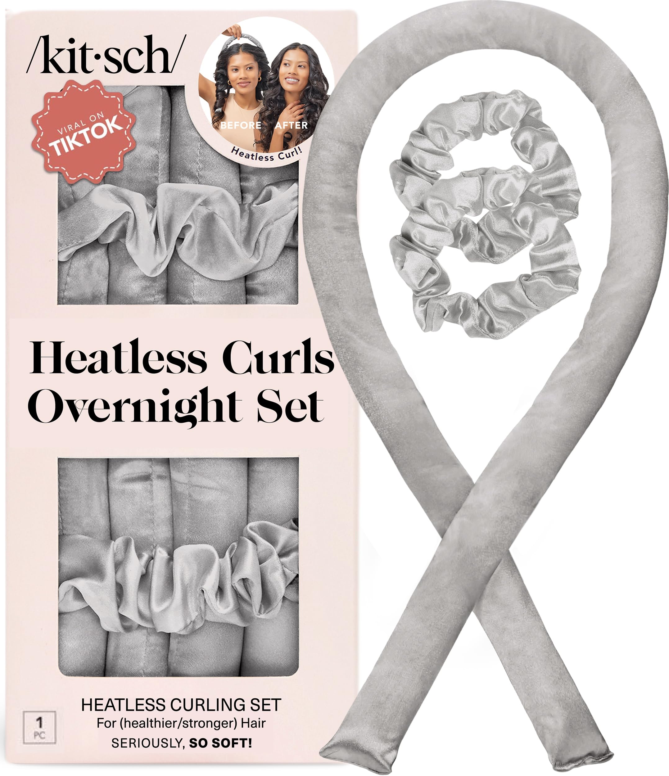 Kitsch Satin Heatless Curls Overnight Set - Sunset Tie Dye | No Heat Damage Overnight Curls | Comfortable Frizz Free Hair Curlers To Sleep In with 34" Hair Waver & 2 Satin Scrunchies