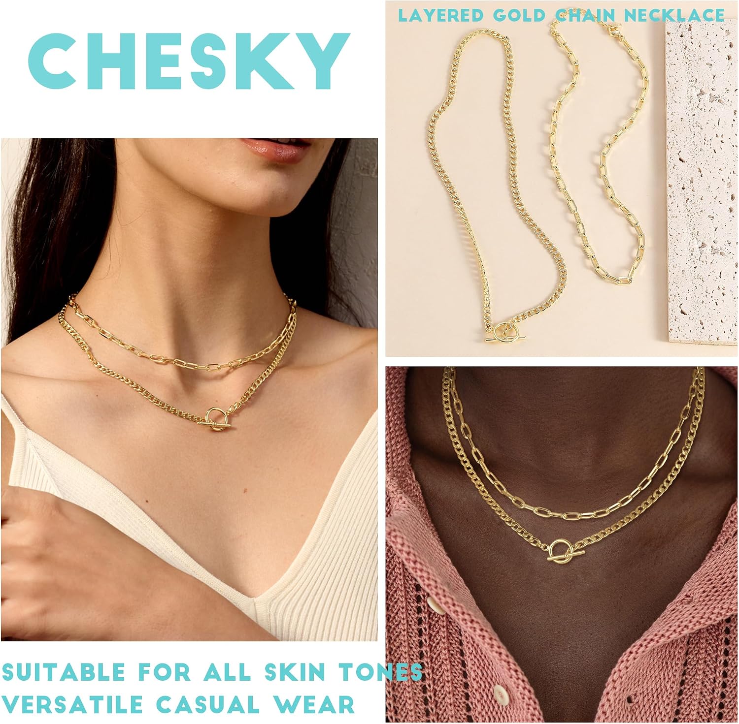 CHESKY 14K Gold Plated Layered Chain Necklace for Women | Trendy Cuban Link Chain, Chunky Paperclip Chain, Toggle Clasp Necklace, Fashion Gold Jewelry, Daily Gift for Women