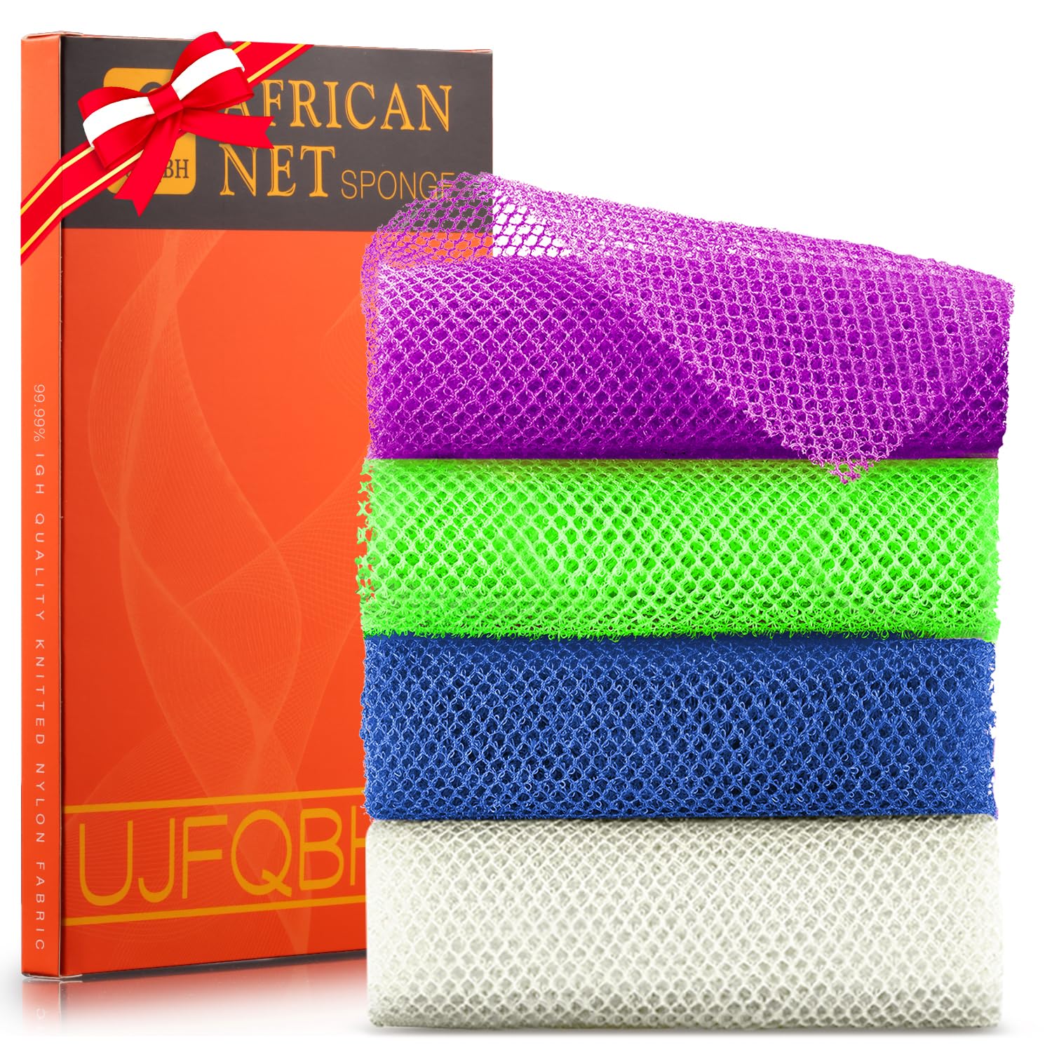 UJFQBH 3 Pieces African Bath Sponge African Net Long Net Bath Sponge Exfoliating Shower Body Scrubber Back Scrubber Skin Smoother,Great for Daily Use (Pink,Yellow,Purple)