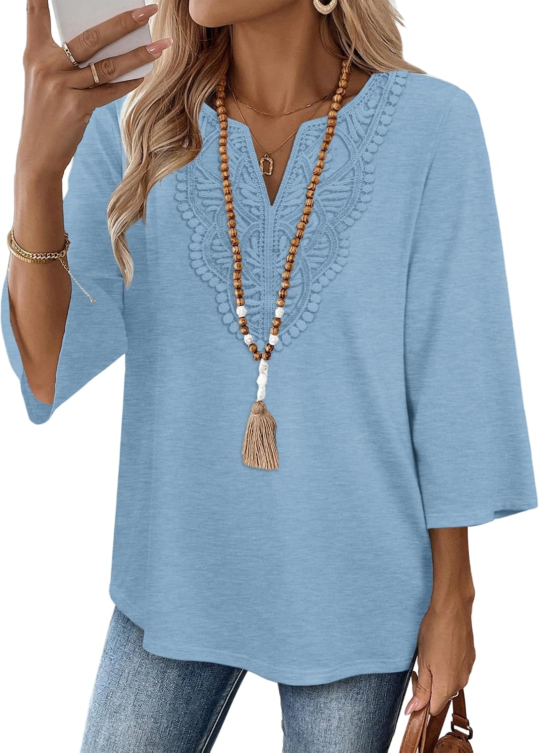 WIHOLL 3/4 Length Sleeve Womens Tops Boho V Neck Lace Shirt Trendy Blouses Dressy Casual Vacation Clothes S-3XL