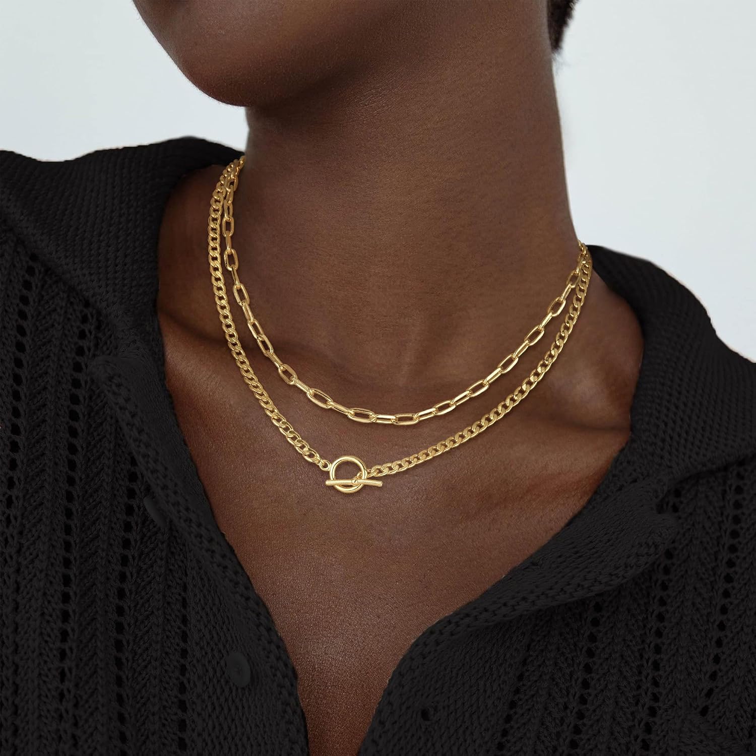 CHESKY 14K Gold Plated Layered Chain Necklace for Women | Trendy Cuban Link Chain, Chunky Paperclip Chain, Toggle Clasp Necklace, Fashion Gold Jewelry, Daily Gift for Women