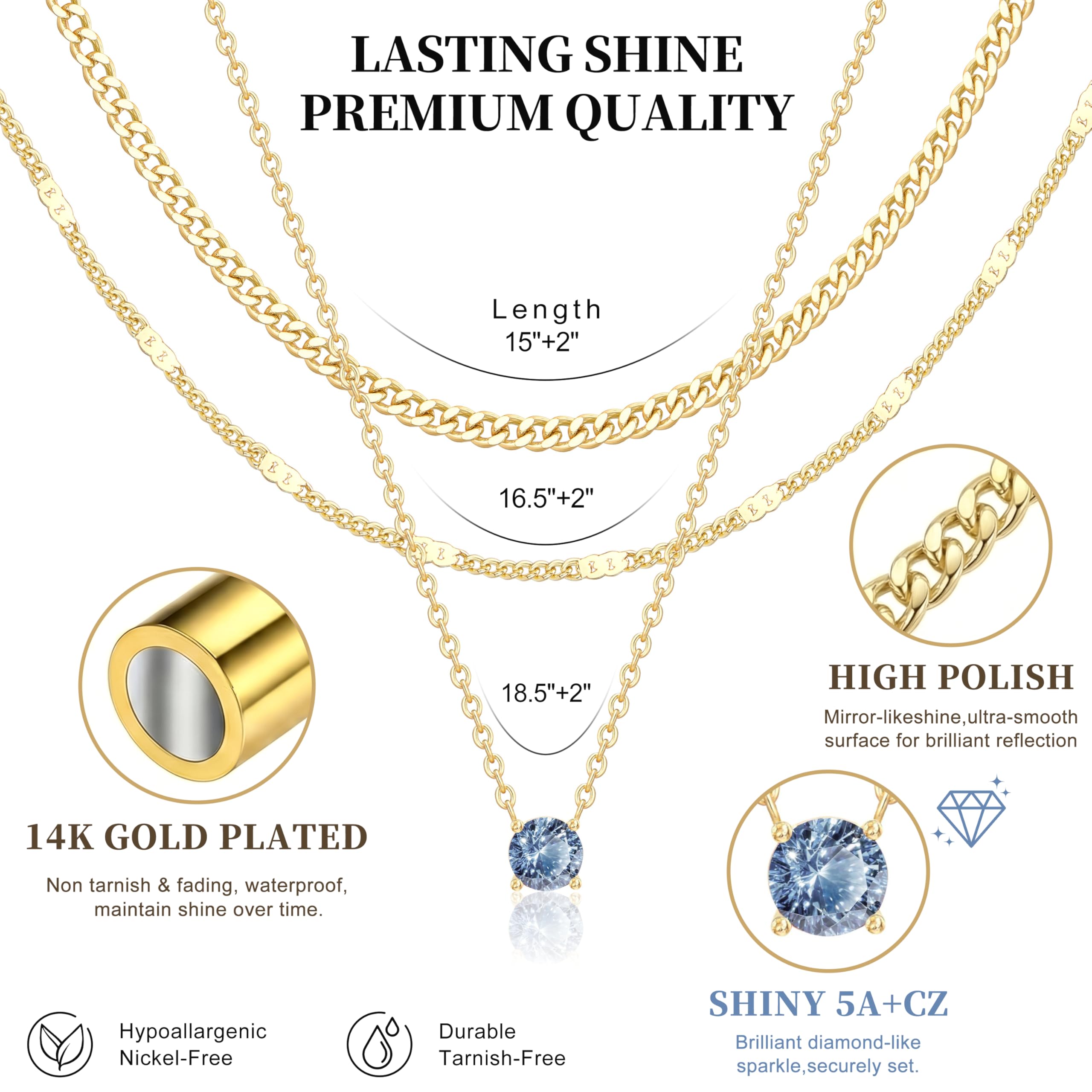 WomenGifts Layered Gold Necklaces for Women, 14K Gold Sterling Silver Plated Dainty Pendant Necklace Set Non Tarnish, Chunky Stackable Cuban Chain Choker, Trendy Birthstone Vacation Jewelry Gift