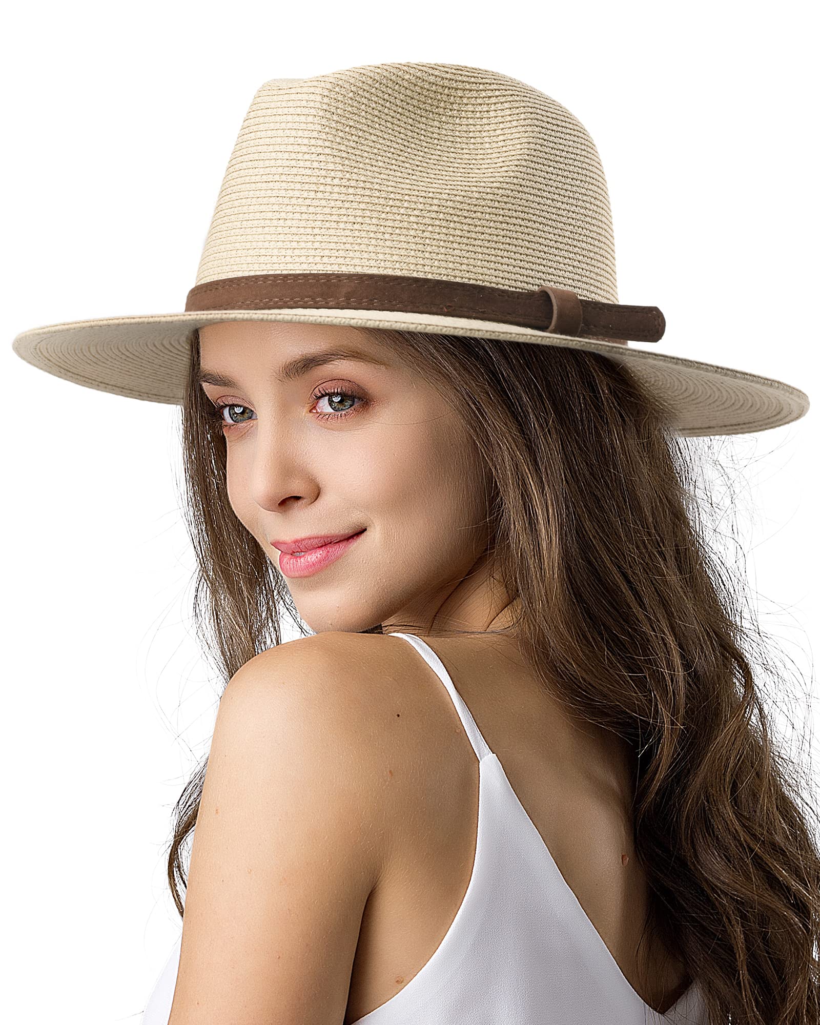 FURTALK Womens Mens Wide Brim Straw Panama Hat Fedora Summer Beach Sun Hat | Breathable Paper Straw, Classic Ribbon Trim, UPF Protection, Adjustable Band Inside, Chin Strap for Gusty Winds
