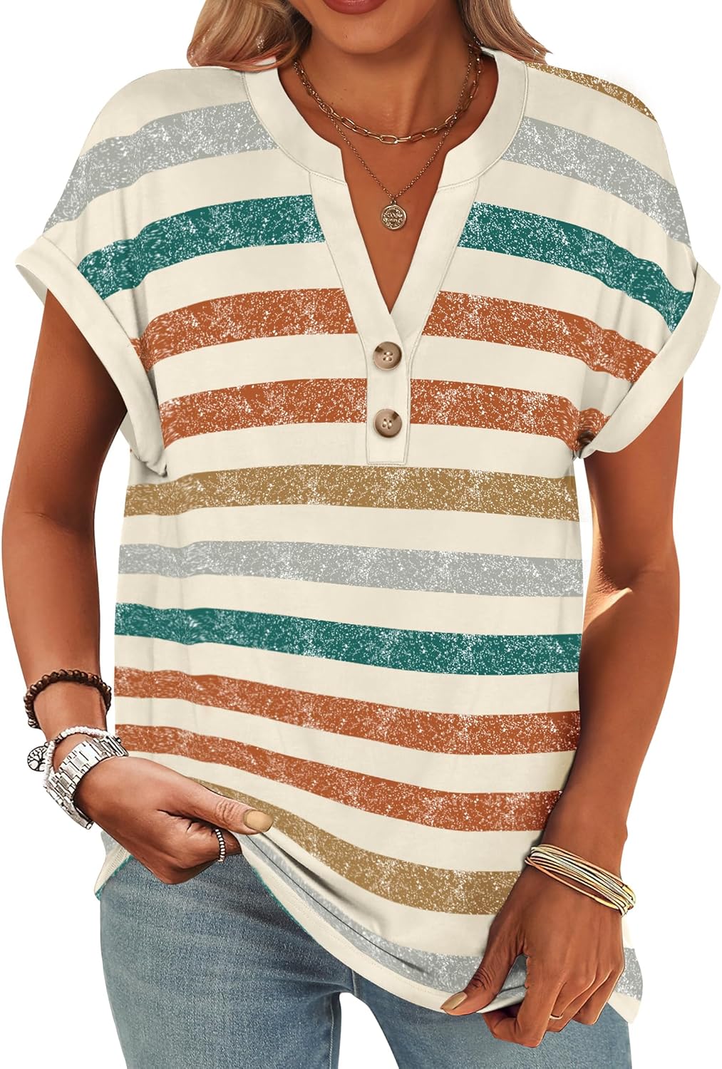 ANRABESS Womens Short Sleeve Henley Tops V Neck Dressy Casual Blouses Summer Trendy Tee Shirts 2026 Vacation Fashion Clothes