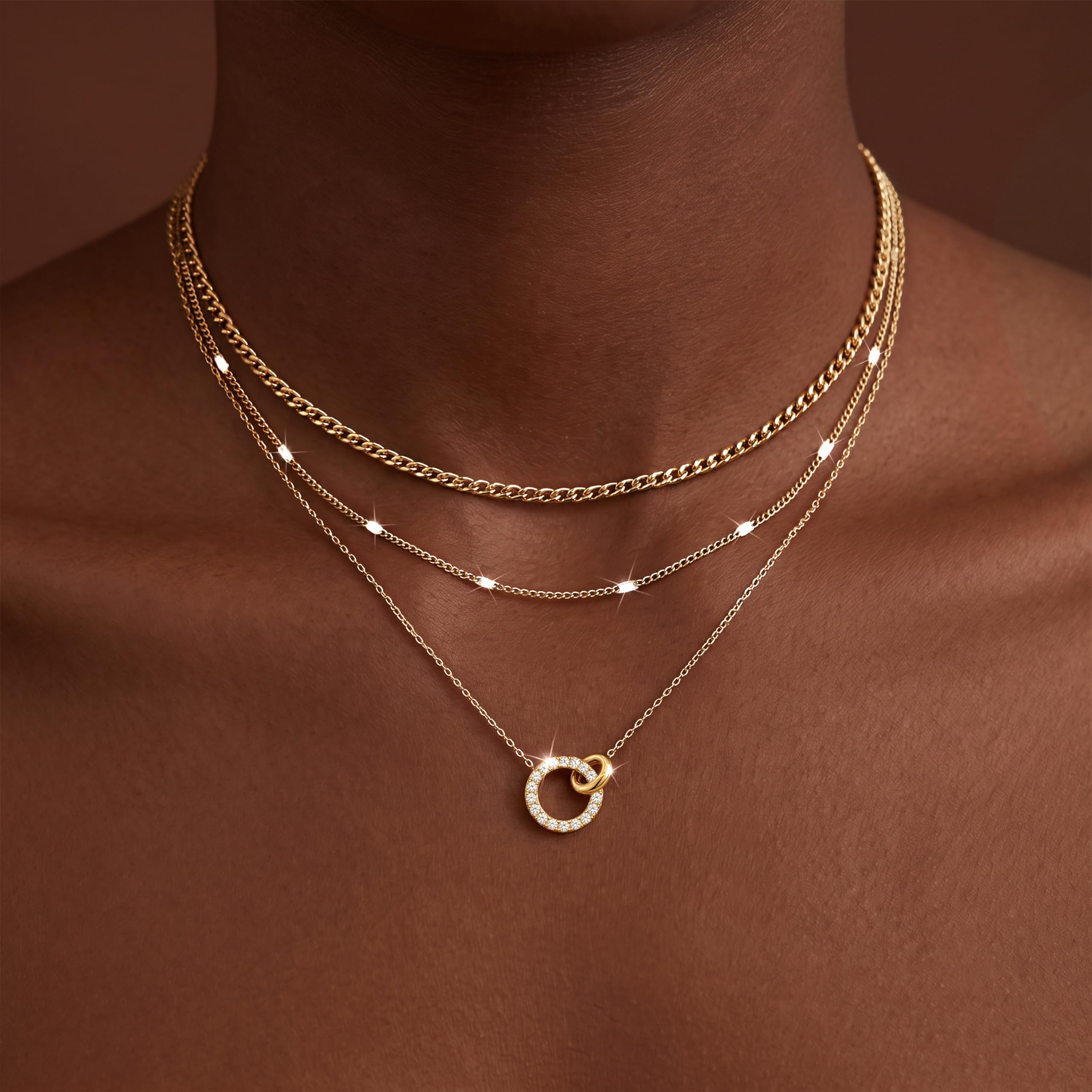 WomenGifts Layered Gold Necklaces for Women, 14K Gold Sterling Silver Plated Dainty Pendant Necklace Set Non Tarnish, Chunky Stackable Cuban Chain Choker, Trendy Birthstone Vacation Jewelry Gift