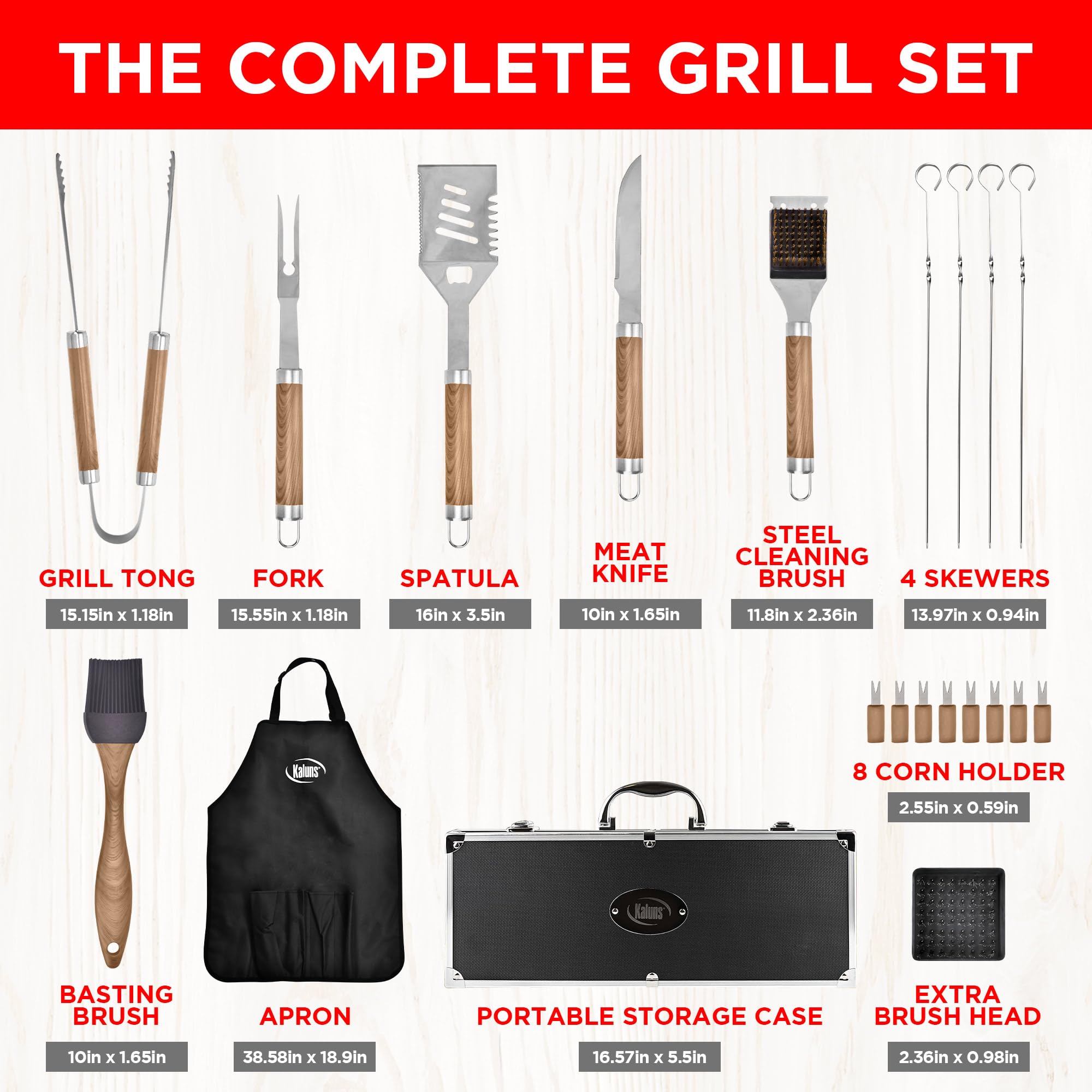 Kaluns Grilling Accessories, Gifts for Men Christmas Grilling Gifts for Dad, Heavy Duty Stainless Steel BBQ Grill Tools Set for Outdoor Grill with Aluminum Case and Apron, Birthday Gifts for Men Dad