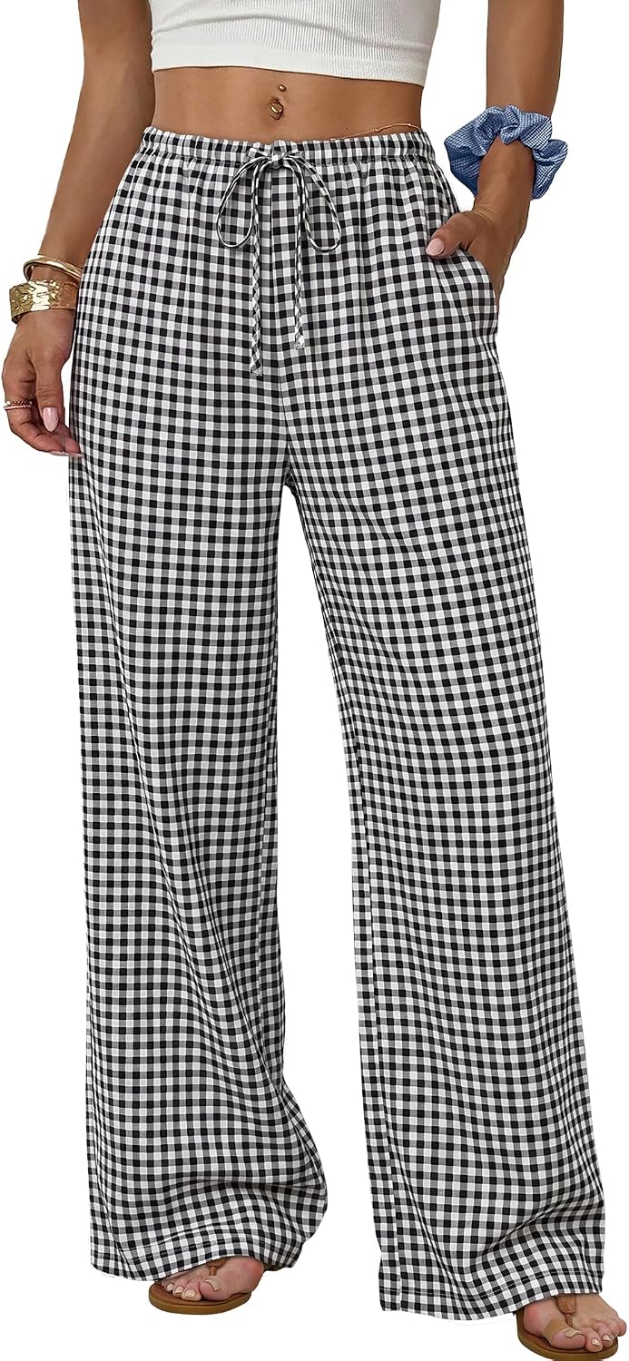 Sampeel Wide Leg Pants for Women Flowy Palazzo Drawstring Elastic Waist Trousers with Pockets Summer Beach Vacation Clothes