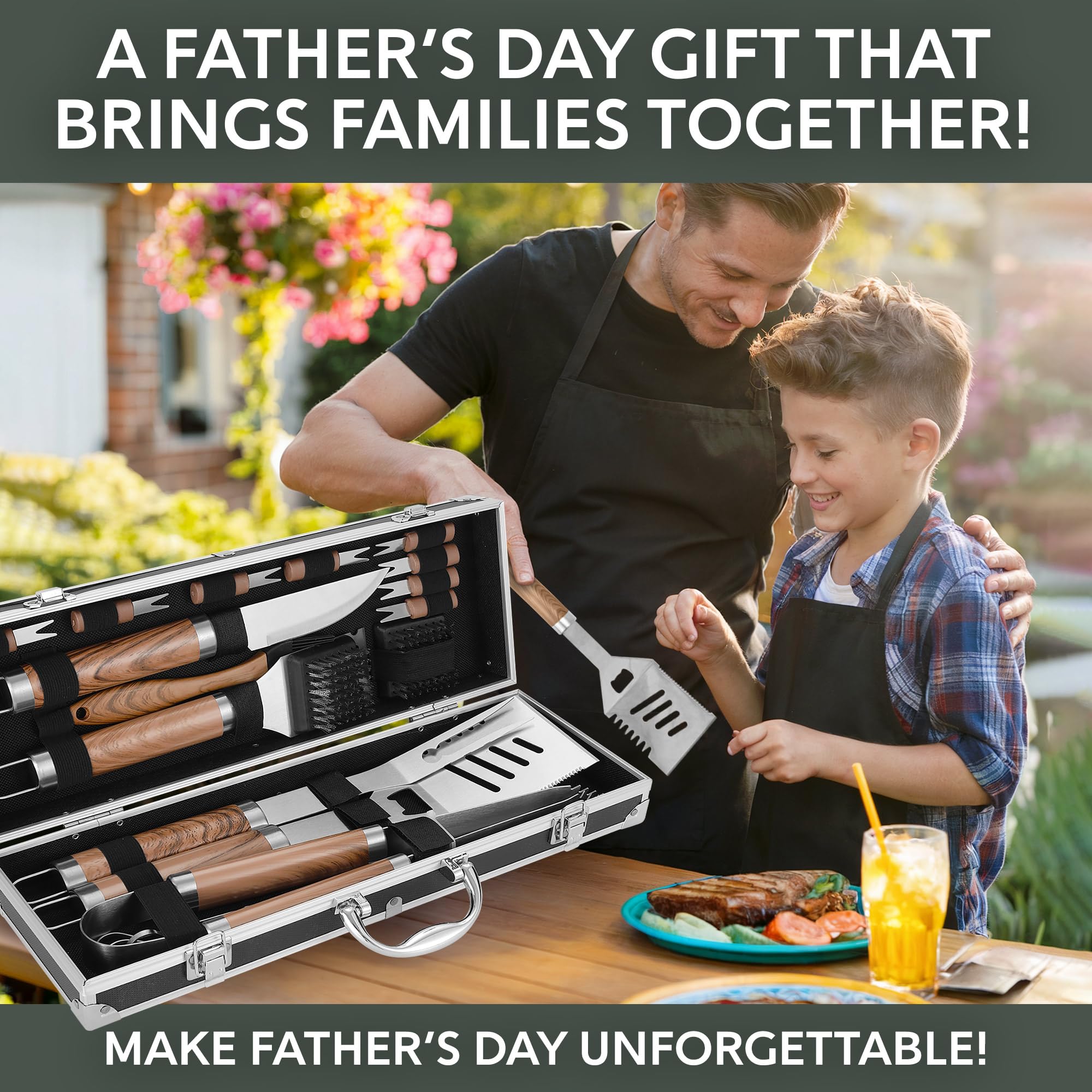 Kaluns Grilling Accessories, Gifts for Men Christmas Grilling Gifts for Dad, Heavy Duty Stainless Steel BBQ Grill Tools Set for Outdoor Grill with Aluminum Case and Apron, Birthday Gifts for Men Dad