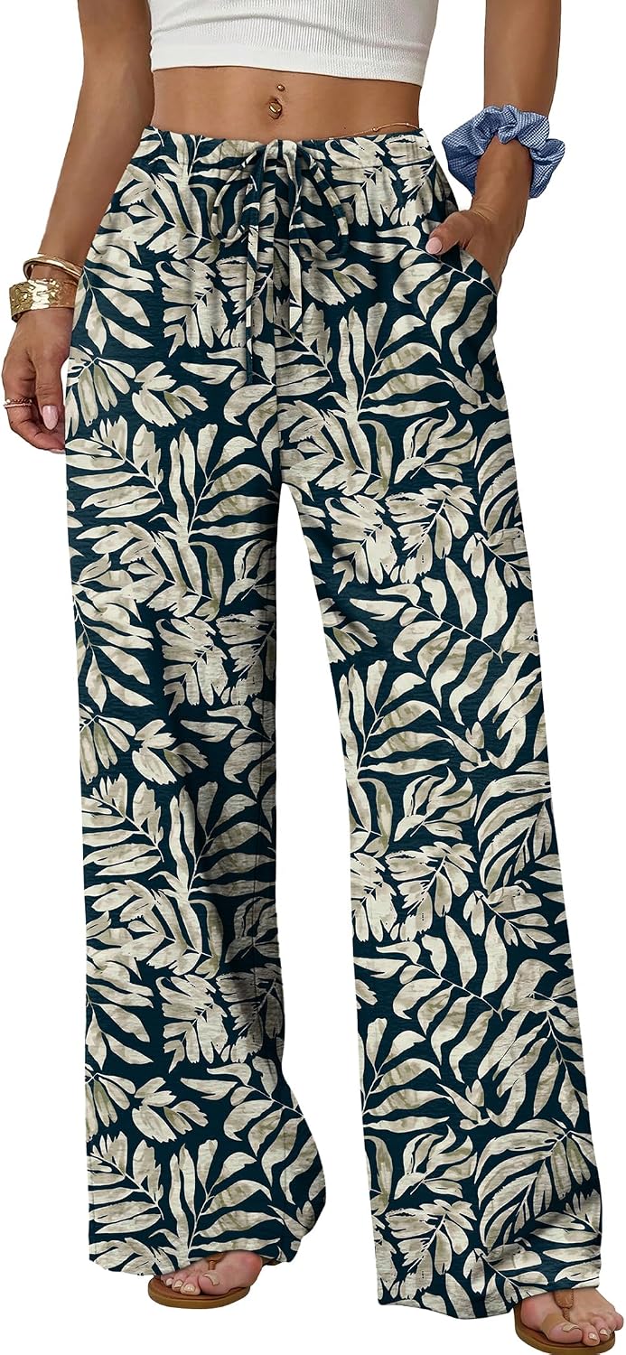 Sampeel Wide Leg Pants for Women Flowy Palazzo Drawstring Elastic Waist Trousers with Pockets Summer Beach Vacation Clothes