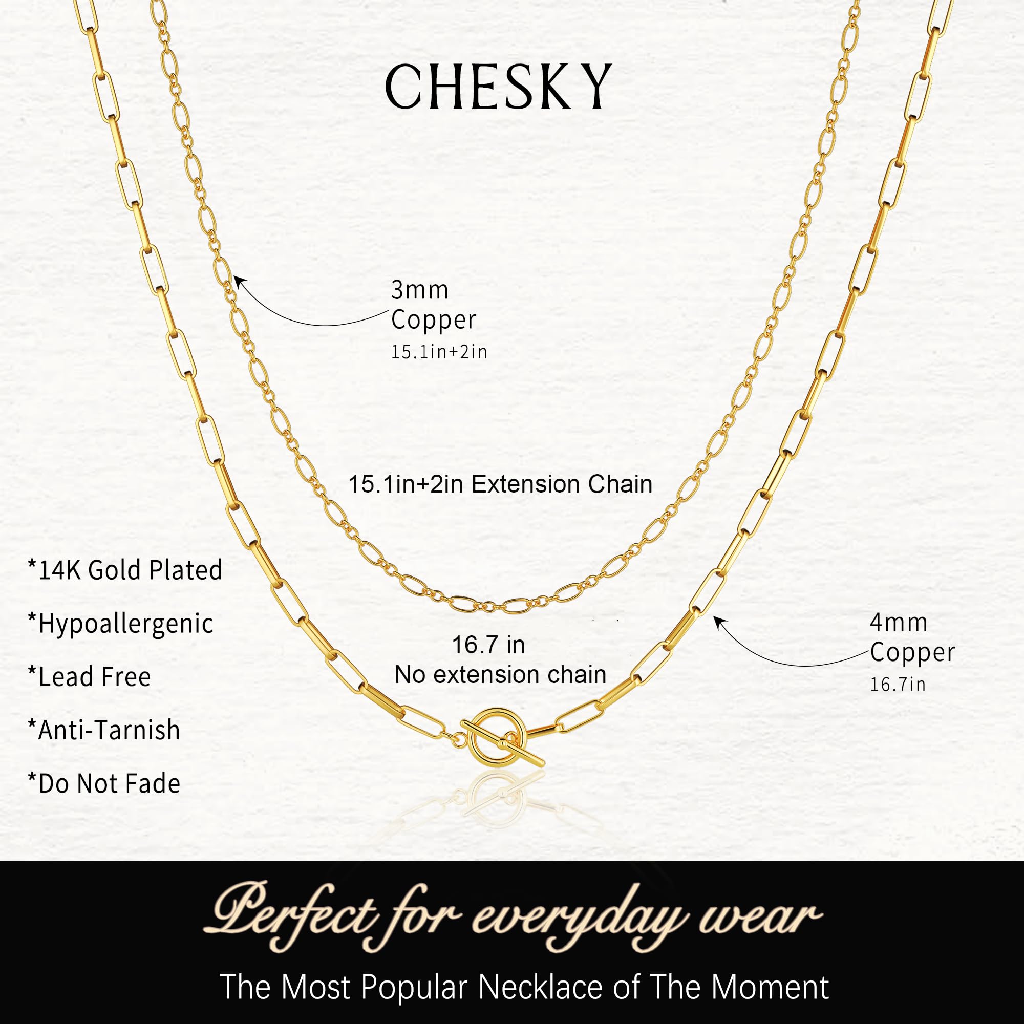 CHESKY 14K Gold Plated Layered Chain Necklace for Women | Trendy Cuban Link Chain, Chunky Paperclip Chain, Toggle Clasp Necklace, Fashion Gold Jewelry, Daily Gift for Women