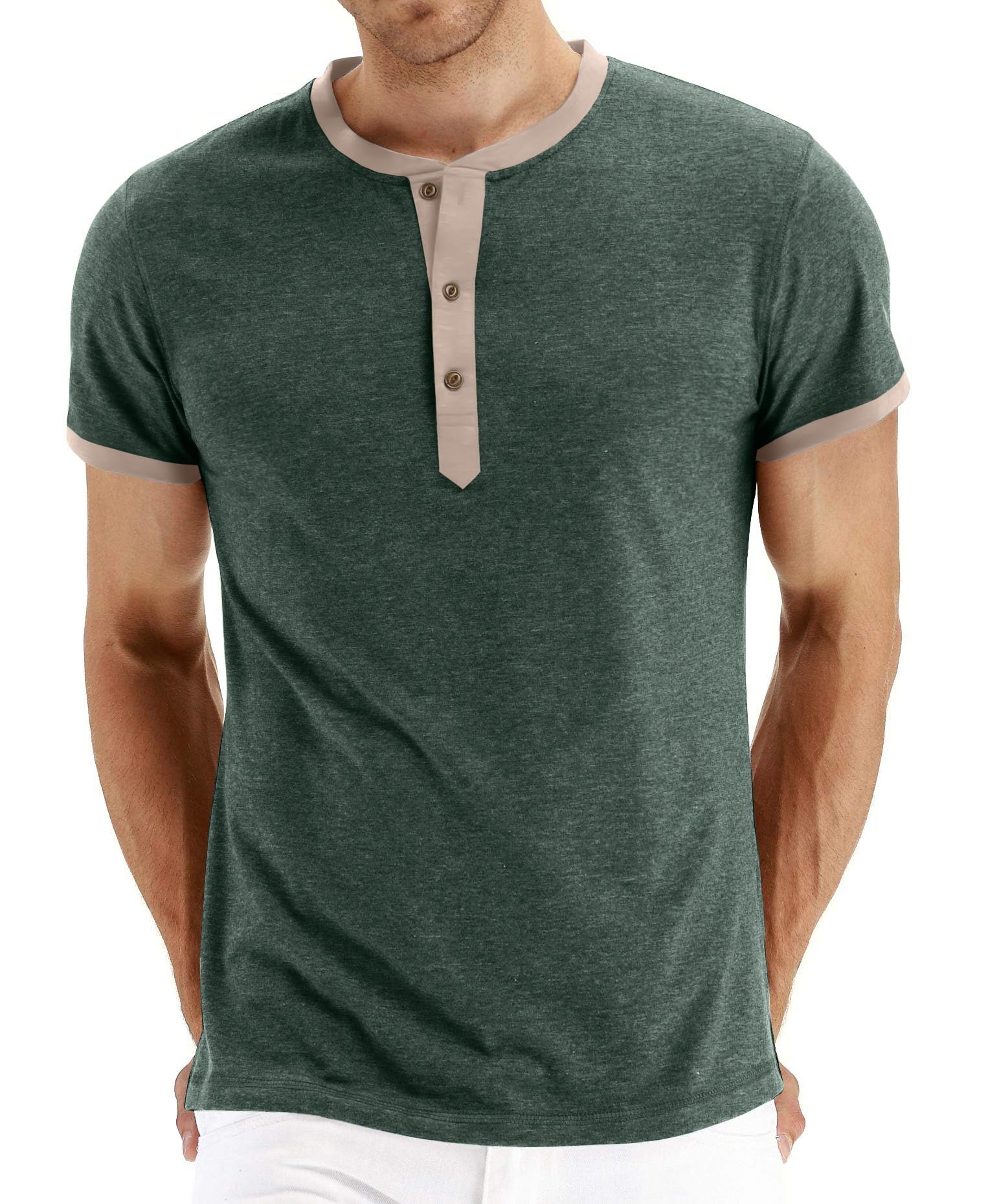 PEGENO Men's Fashion Casual Front Placket Short Sleeve Henley T-Shirts Cotton Shirts